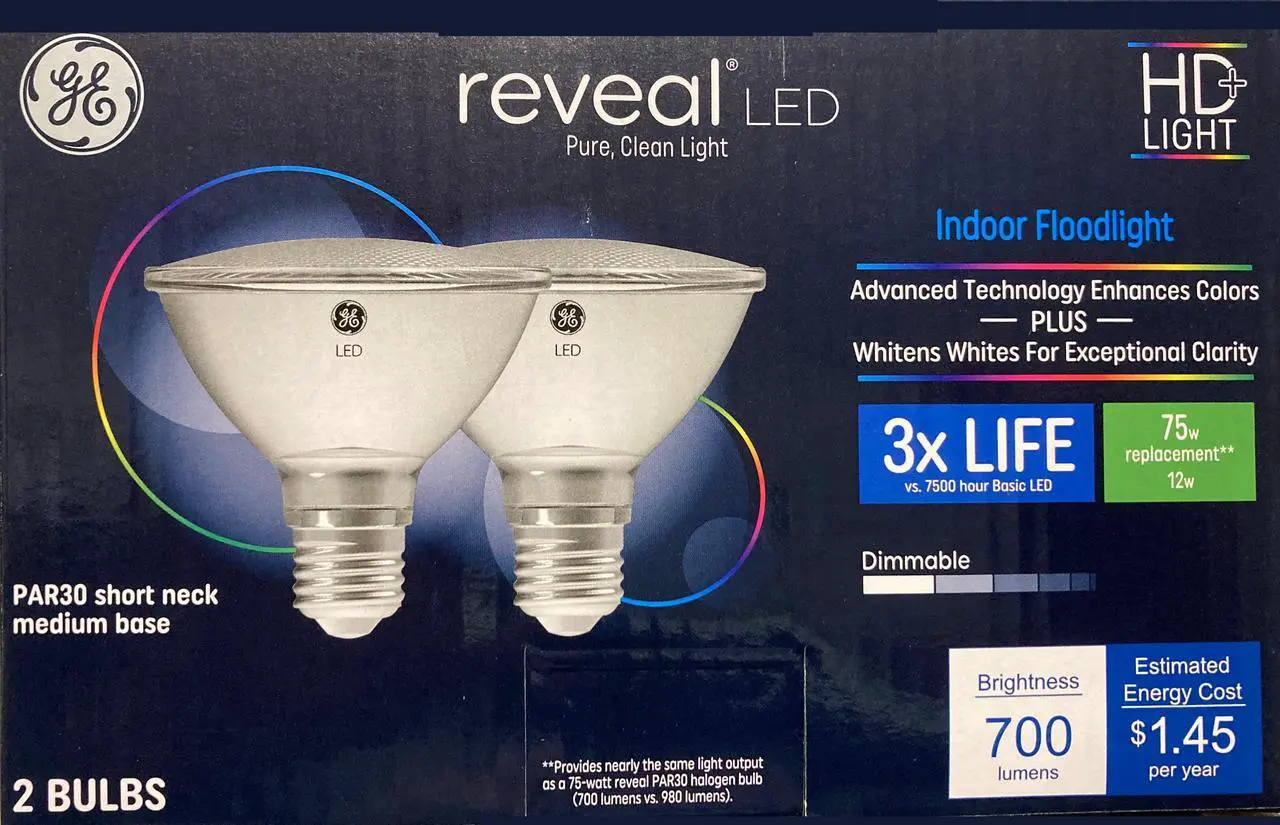 Main image of (2 bulbs) GE Reveal LED 75 W Equivalent Dimmable, Color-Enhancing HD PAR30 Shortneck, Dimmable LED Light Light Bulb, GE's best light, Indoor Floodlight, 700 lumen, 12 watt