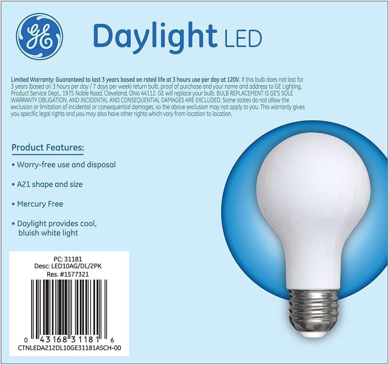 Alt view image 9 of 10 - GE LED Classic Daylight A21 Light Bulb 10 W 2/Pack 31181