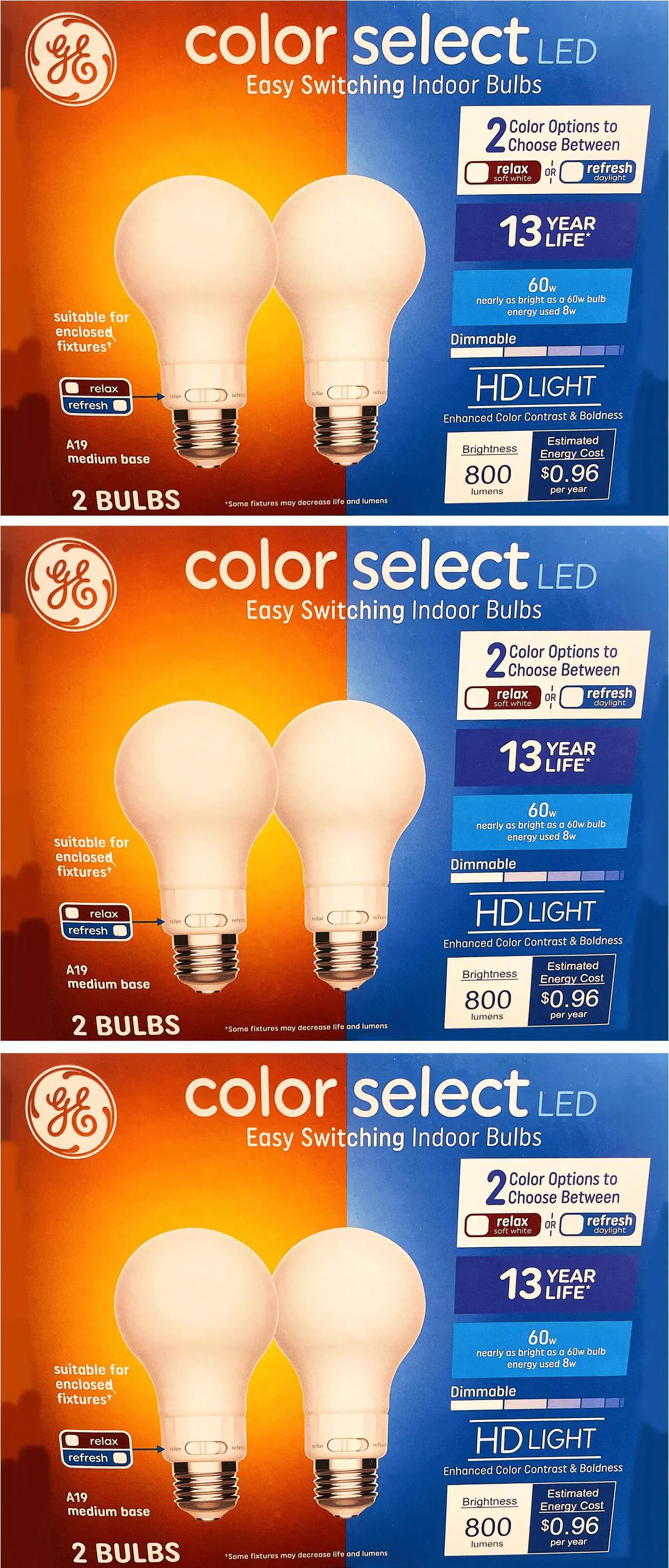 Main image of (case of 6 bulbs) GE color select LED Indoor LED Light Bulbs, A19, relax or refresh, 2 color options on each bulb, HD Light, Dimmable, 800 Lumens, 60 watt replacment unique colorselect LED Light Bulb