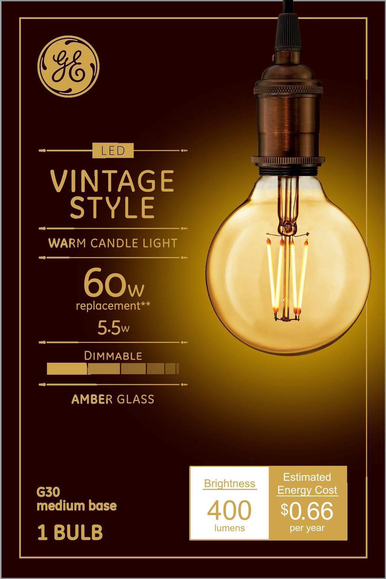 Main image of GE Lighting Vintage Style LED Globe Light Bulb, 5.5 Watts (60 Watt Equivalent) Warm Candle Light, Amber Glass, Medium Base, Dimmable (1 Pack)
