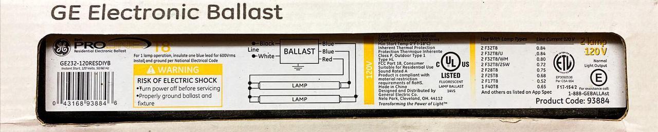 Main image of GE 93884 Proline Electronic Ballast GE232-120RESDIYB for T8 fluorescent lamp, 2 lamp ballast, 120V, 2 lights