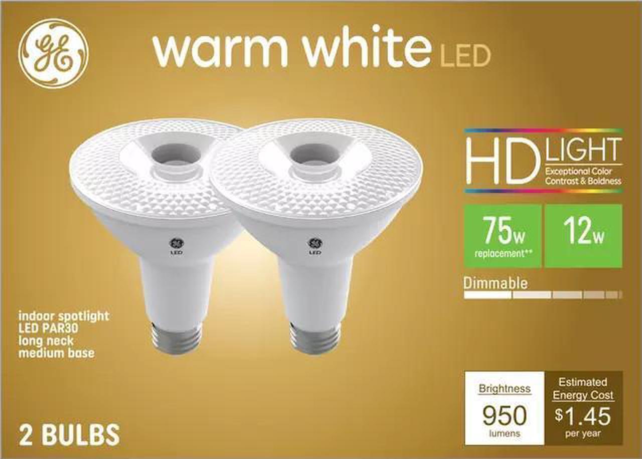 Main image of (2 bulbs) GE LED PAR30 long neck, Indoor Spotlight, warm white HD, 75 watt equivalent, Dimmable, 950 lumens, uses only 12 watts, LED Spotlight Light Bulb