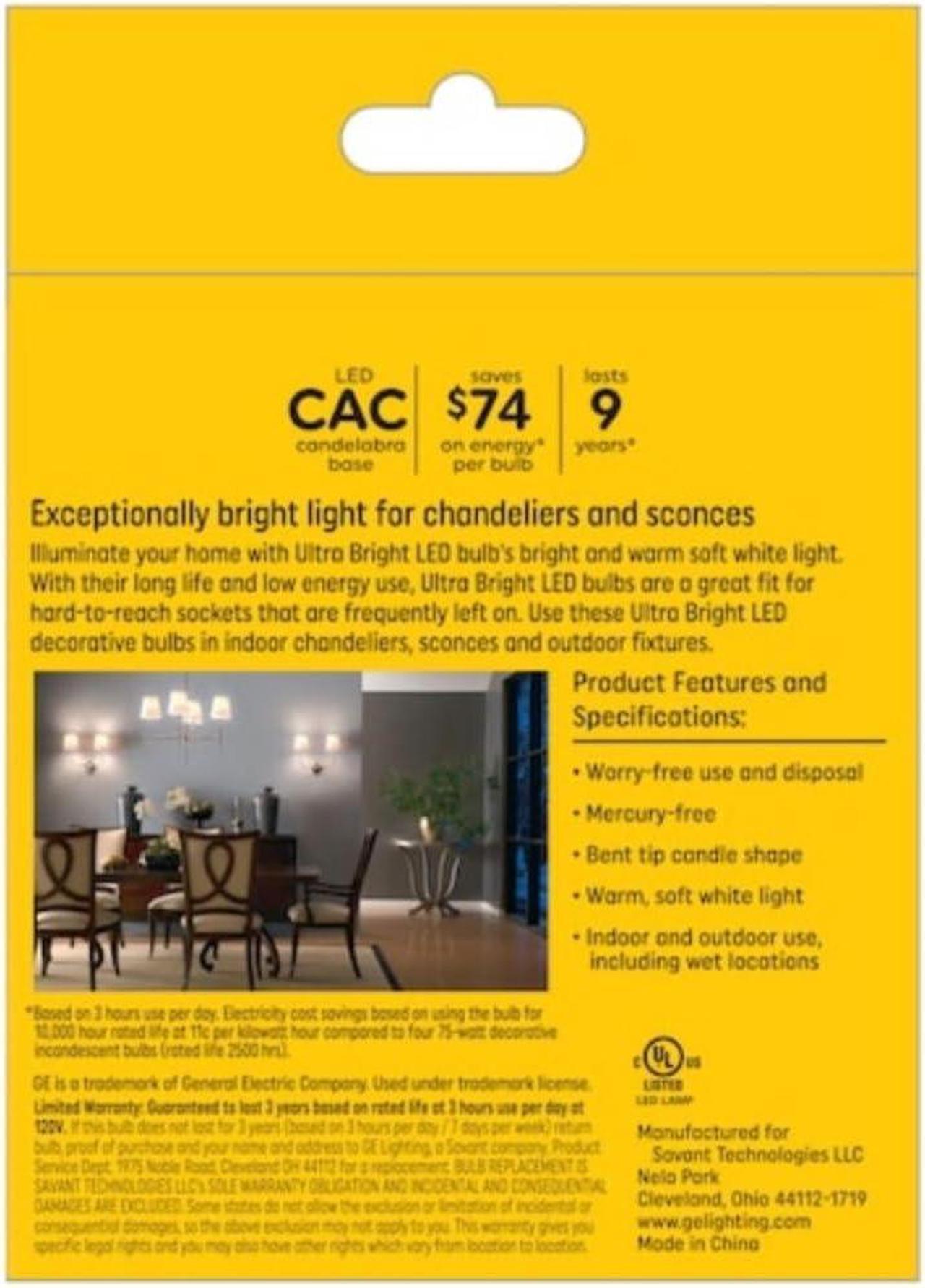 Alt view image 3 of 4 - (6 bulbs) GE ultra bright LED 75-Watt equivalent, Soft White Chandelier Light Bulb, Candelabra Base, Dimmable, 7.5 watt, 810 lumen LED ultrabright, bent tip, clear Decorative bulb