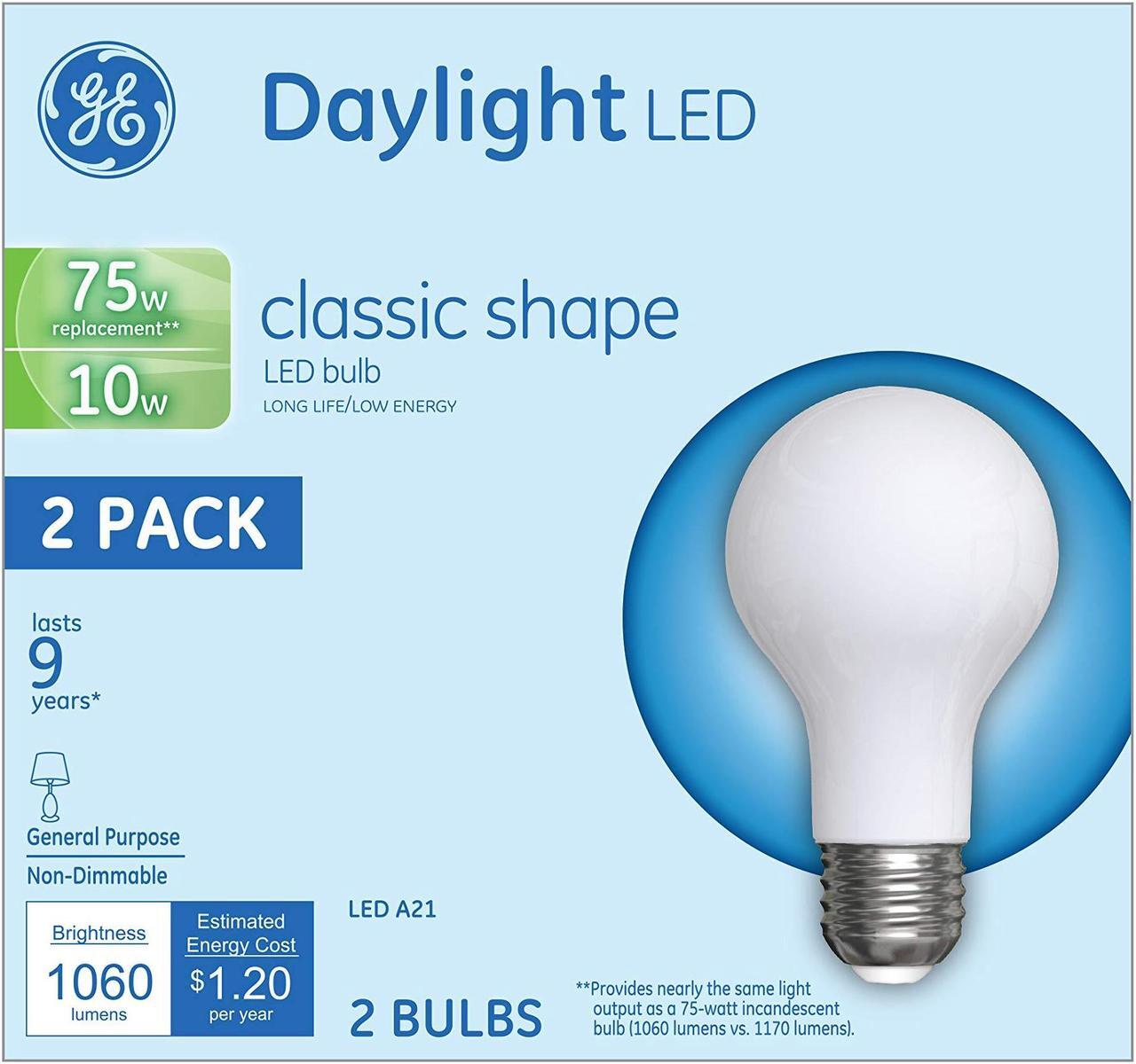 Alt view image 8 of 10 - GE LED Classic Daylight A21 Light Bulb 10 W 2/Pack 31181