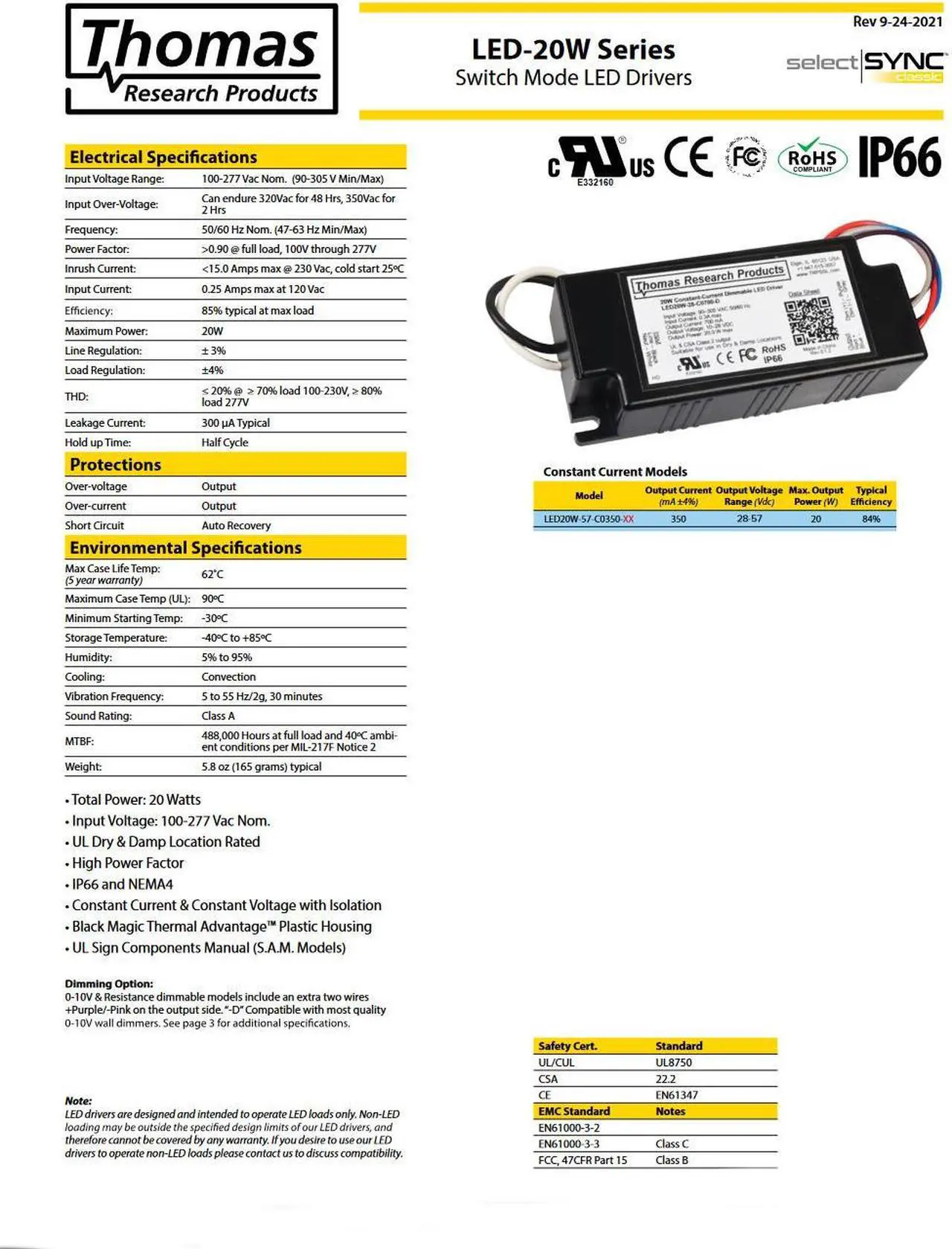 Alt view image 2 of 2 - Thomas Research Products LED20W-57-C0350-D Constant Current LED driver, dimmable, 20 watt, 350mA