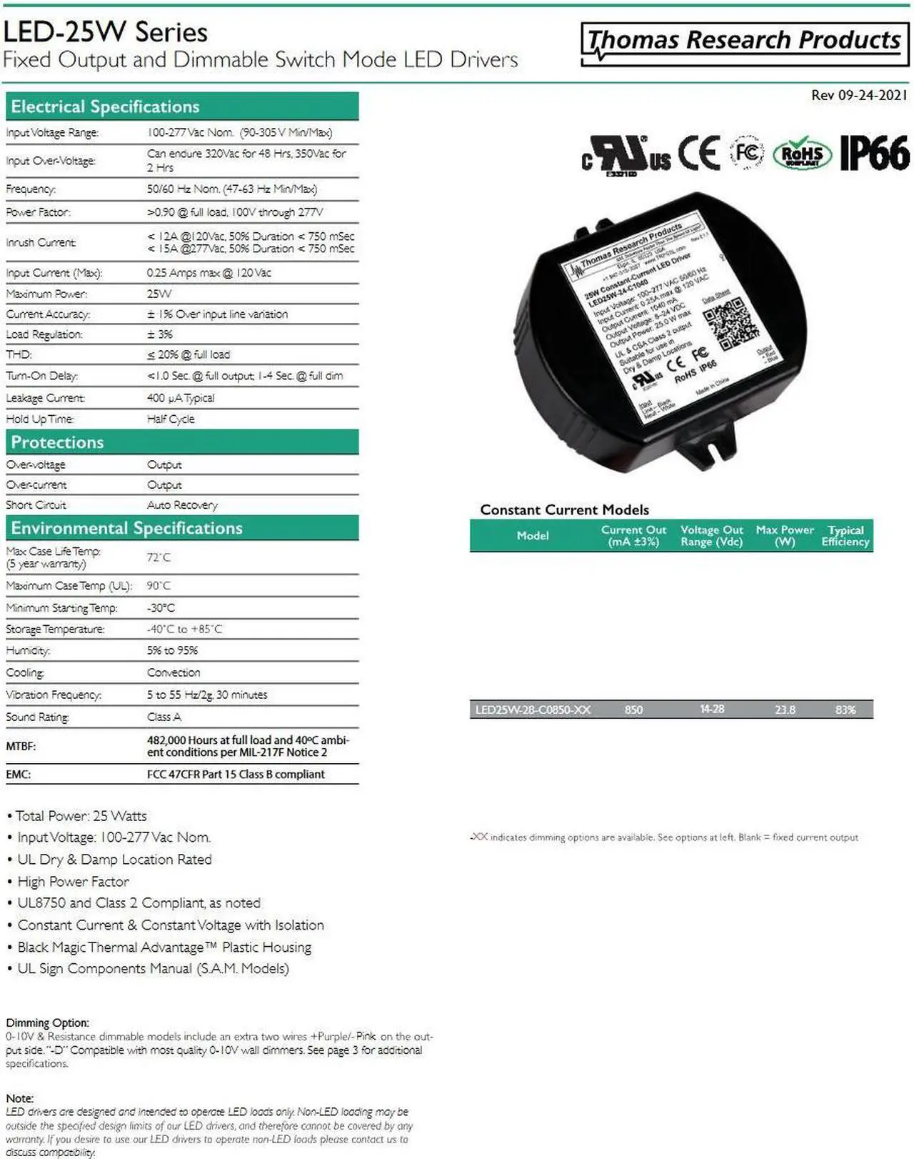 Alt view image 2 of 2 - Hubbell Thomas Research Products LED25W-28-C0850-D Constant Current LED Driver, Dimmable, 25 watts, High Power Factor
