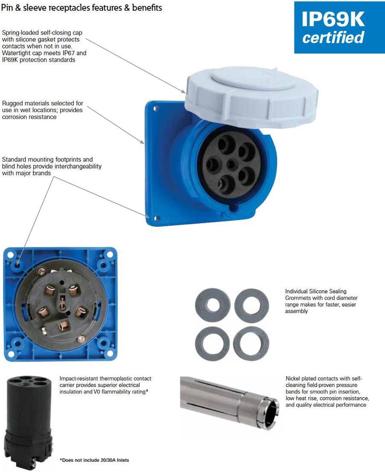 Alt view image 2 of 2 - Eaton AH560R9W Pin and Sleeve Receptacle, 60A 120/208V, 3 phase, 4 pole 5 wire, Blue
