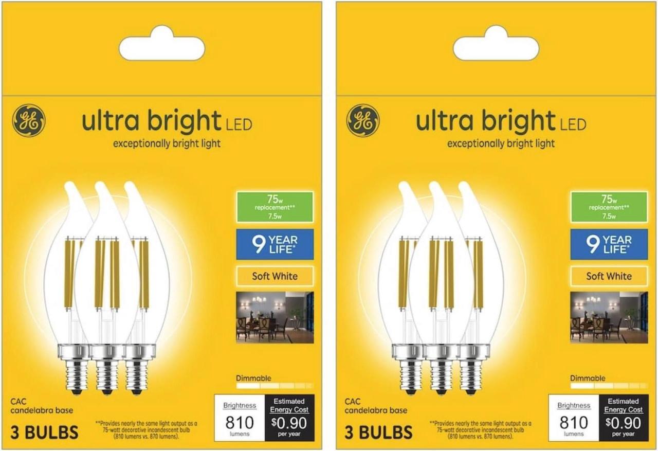 Main image of (6 bulbs) GE ultra bright LED 75-Watt equivalent, Soft White Chandelier Light Bulb, Candelabra Base, Dimmable, 7.5 watt, 810 lumen LED ultrabright, bent tip, clear Decorative bulb