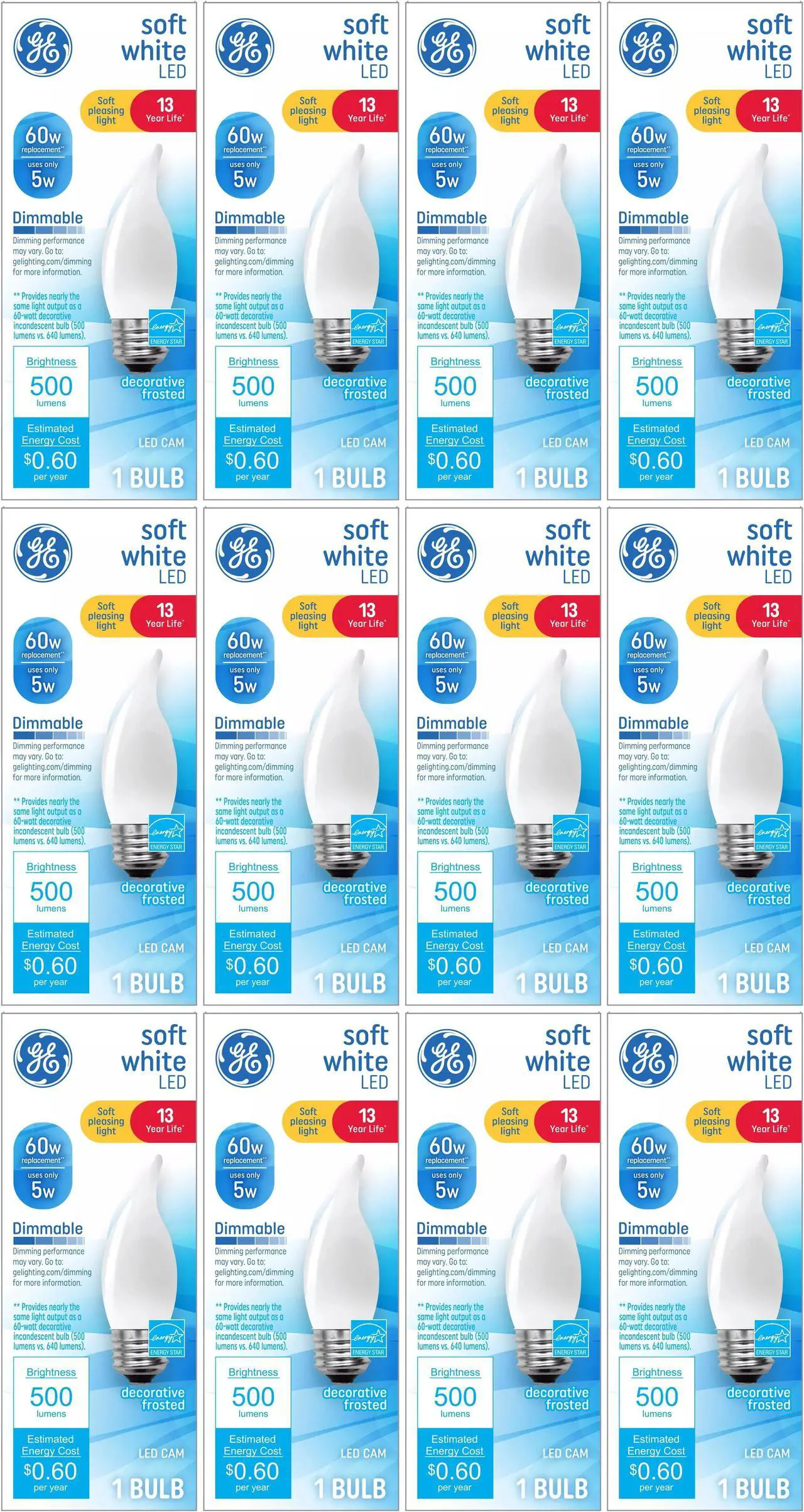Main image of (case of 12) GE Soft White LED Chandelier Candle Bulb, 5 watt, 500 lumen, medium base, dimmable, frosted, bent tip, decorative LED CAM bulb, 60 watt equivalent