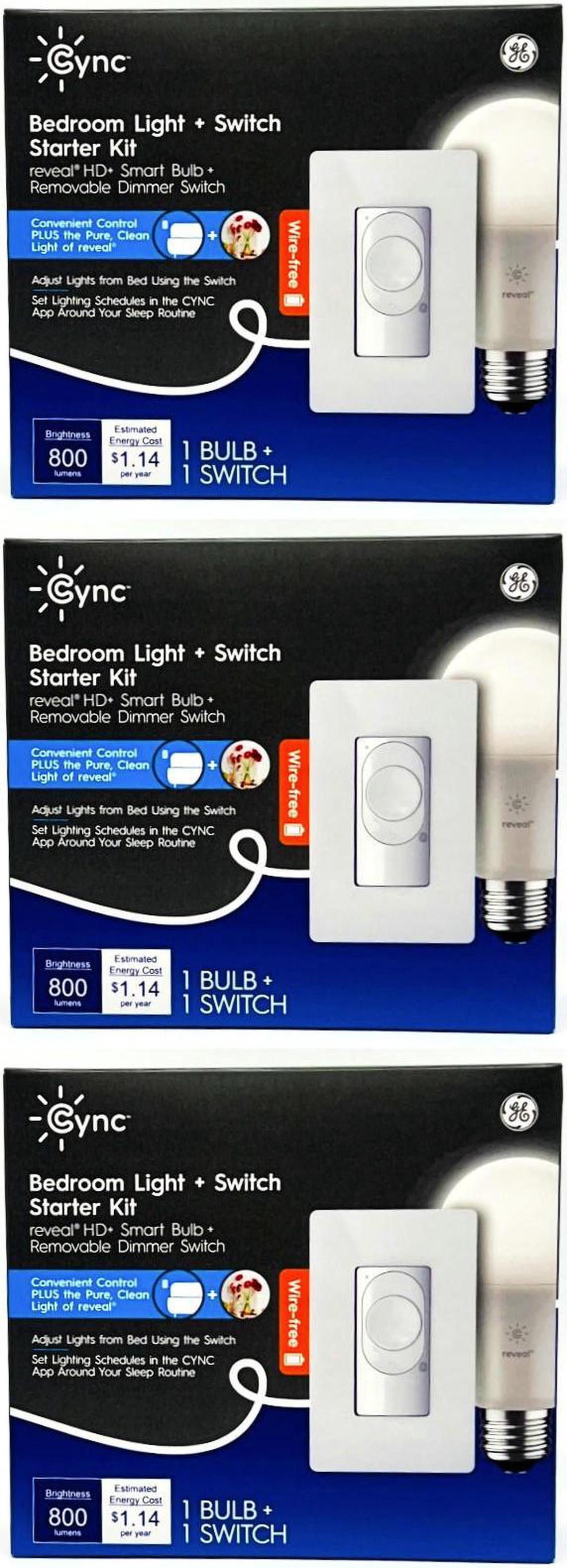 Main image of (case of 3 kits) GE Cync Bedroom Light and Smart Switch Kit, 1 Reveal HD Smart Bulb and one Removable Dimmer Switch (requires no wiring) per kit, wire-free smart bulb control, for google & alexa