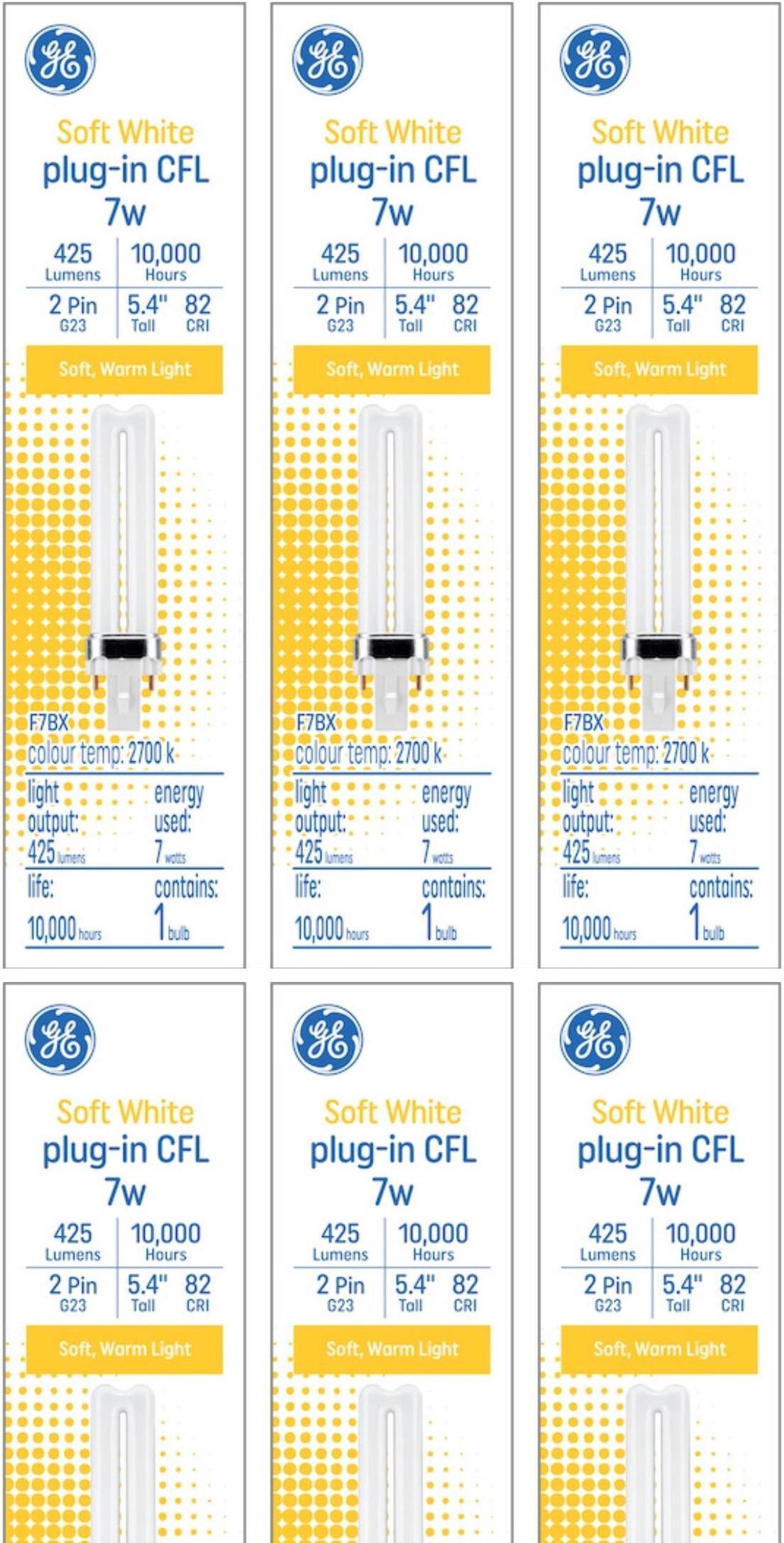 Main image of (case of 6) GE Soft White 7 watt Plug-in CFL G23 Base, 5.4-inch F7BX Light Bulb, 2700K Soft warm white, 425 lumen, plug-in biax compact fluorescent