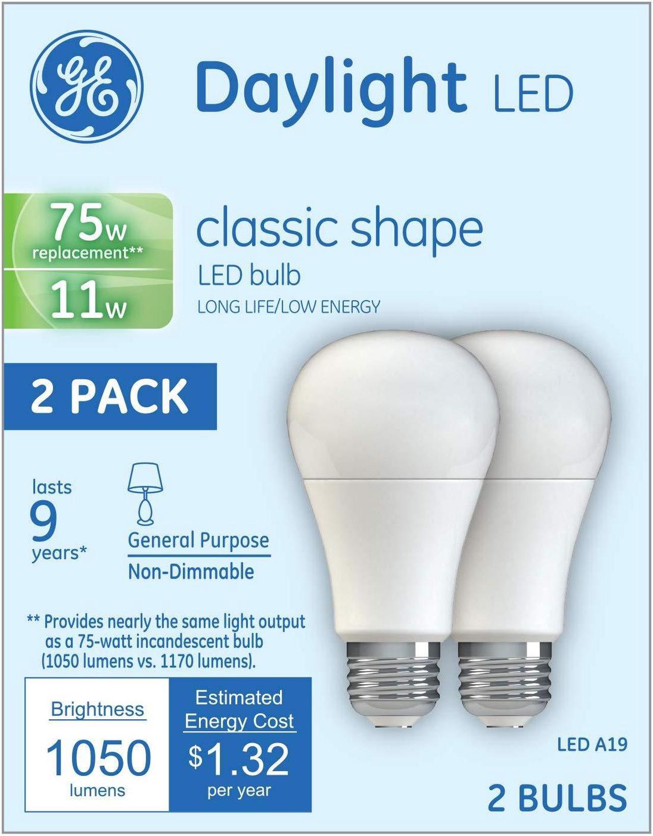 Main image of (2 bulbs) GE Lighting 21173 General Purpose Classic Shape A19 LED 11watt light bulb (75-Watt Replacement), 1050-Lumen Medium Base, 2-Pack, Frosted Daylight
