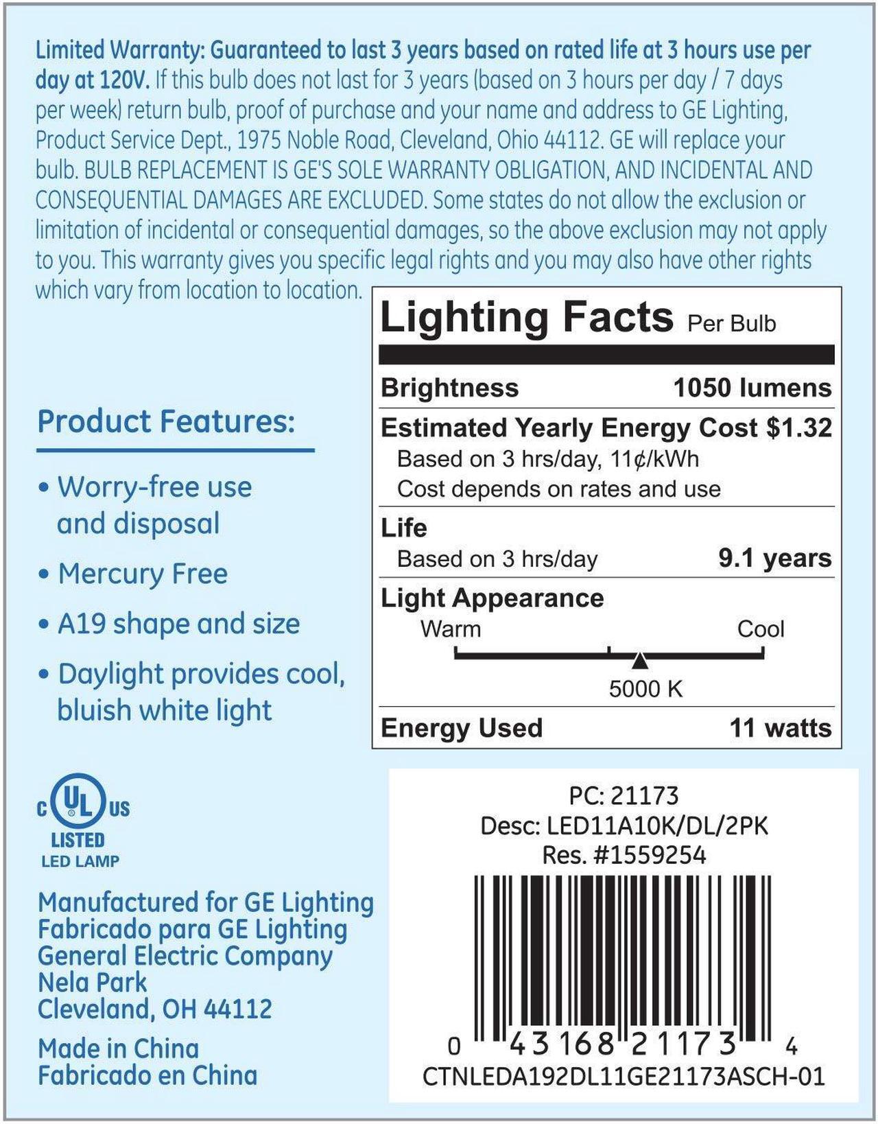 Alt view image 4 of 4 - (2 bulbs) GE Lighting 21173 General Purpose Classic Shape A19 LED 11watt light bulb (75-Watt Replacement), 1050-Lumen Medium Base, 2-Pack, Frosted Daylight