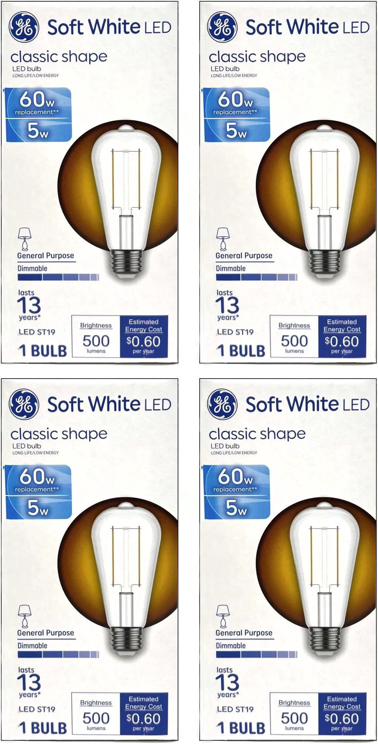 Main image of (4 bulbs) GE LED ST19 Soft White, 5 watt, 500 lumens, Dimmable, 60 watt equivalent, LED Light Bulb, medium base,