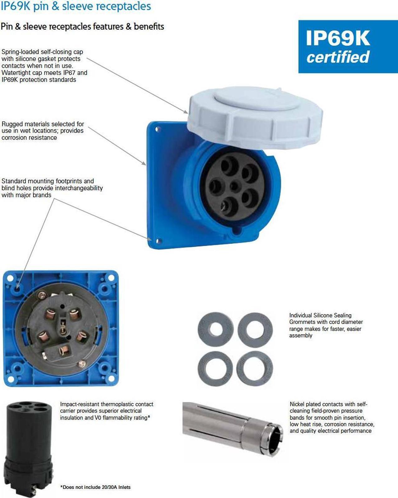 Alt view image 4 of 7 - Eaton Arrow Heart Pin and Sleeve Connector, AH360C6W, 60A, 250V, 2 Pole, 3 Wire, Watertight, Blue, IEC 309