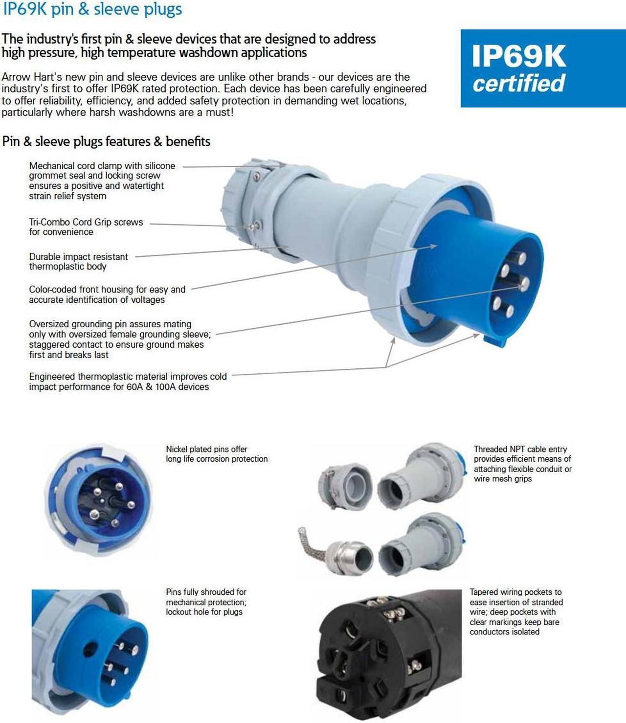 Alt view image 5 of 7 - Eaton Arrow Heart Pin and Sleeve Connector, AH360C6W, 60A, 250V, 2 Pole, 3 Wire, Watertight, Blue, IEC 309