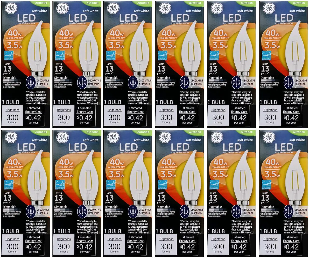 Main image of (case of 12 bulbs) GE 33600 Outdoor LED Decorative Light Bulb, 3.5 Watt (40 Watt Equivalent) Soft White, Candelabra Base, Dimmable, Clear, Bent Tip Indoor Outdoor 300 lumen chandelier bulb