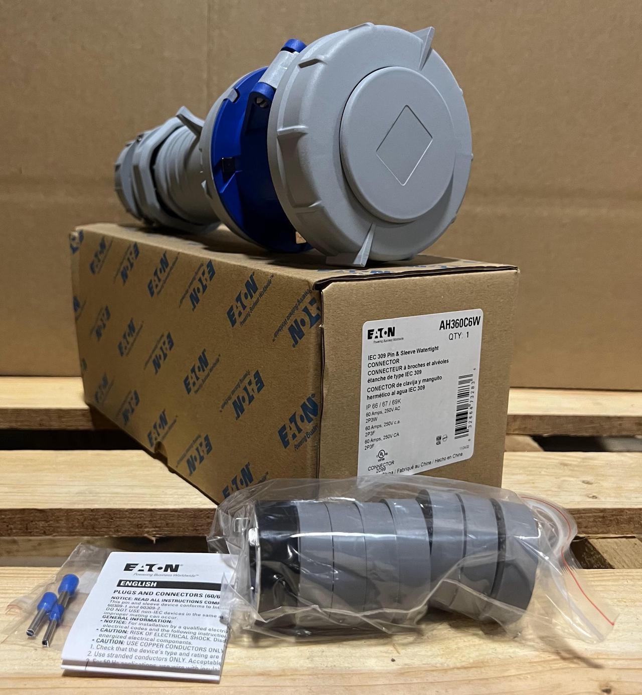 Alt view image 7 of 7 - Eaton Arrow Heart Pin and Sleeve Connector, AH360C6W, 60A, 250V, 2 Pole, 3 Wire, Watertight, Blue, IEC 309