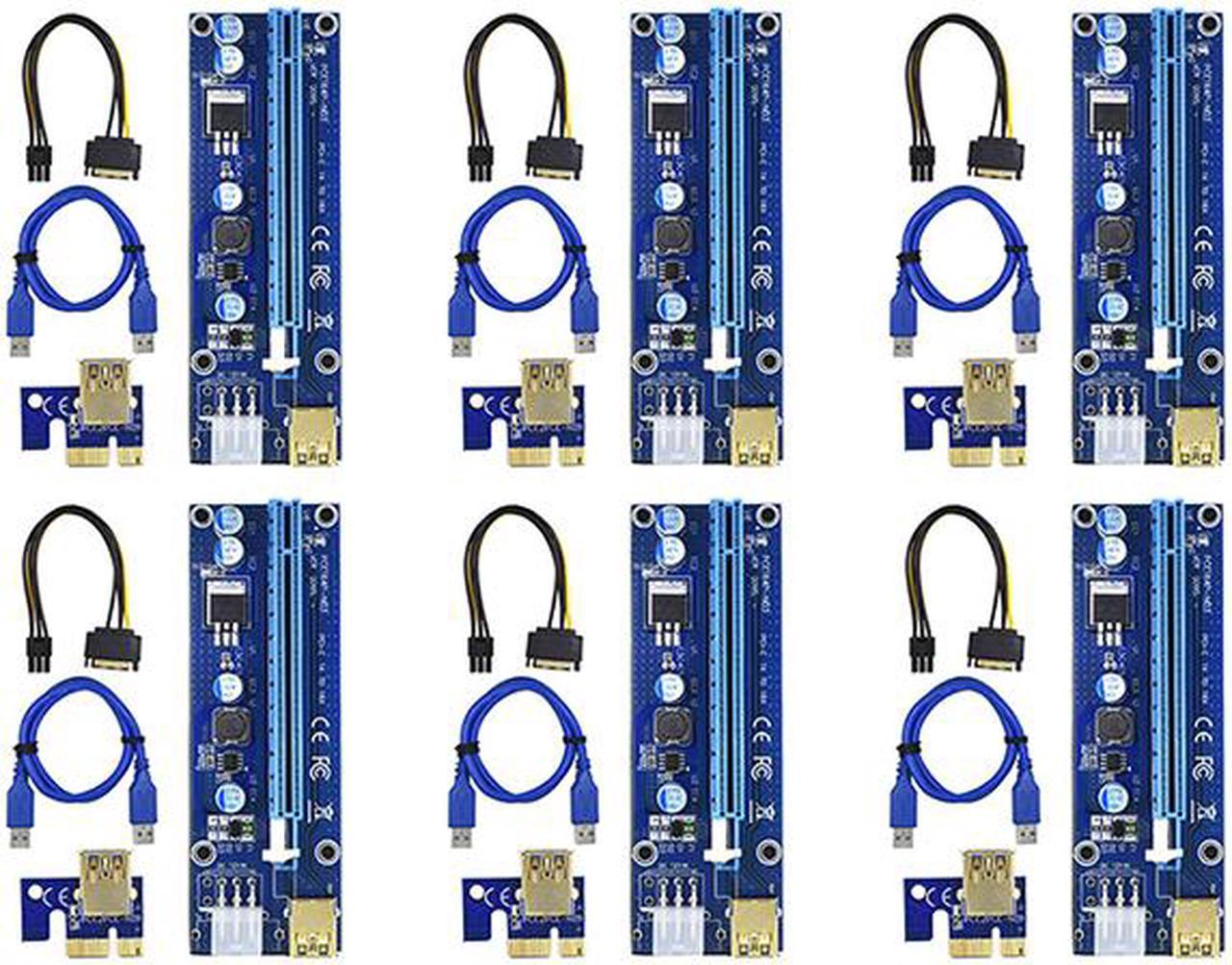 PCI-E Riser for Bitcoin/Litecoin/ETH coin, GPU Extension Cable, PCle VER 009S 16X to 1X (6PIN/MOLEX/SATA) Mining Powered Riser Adapter Card with 23.6 inches USB 3.0 Cable  - 6 Packs