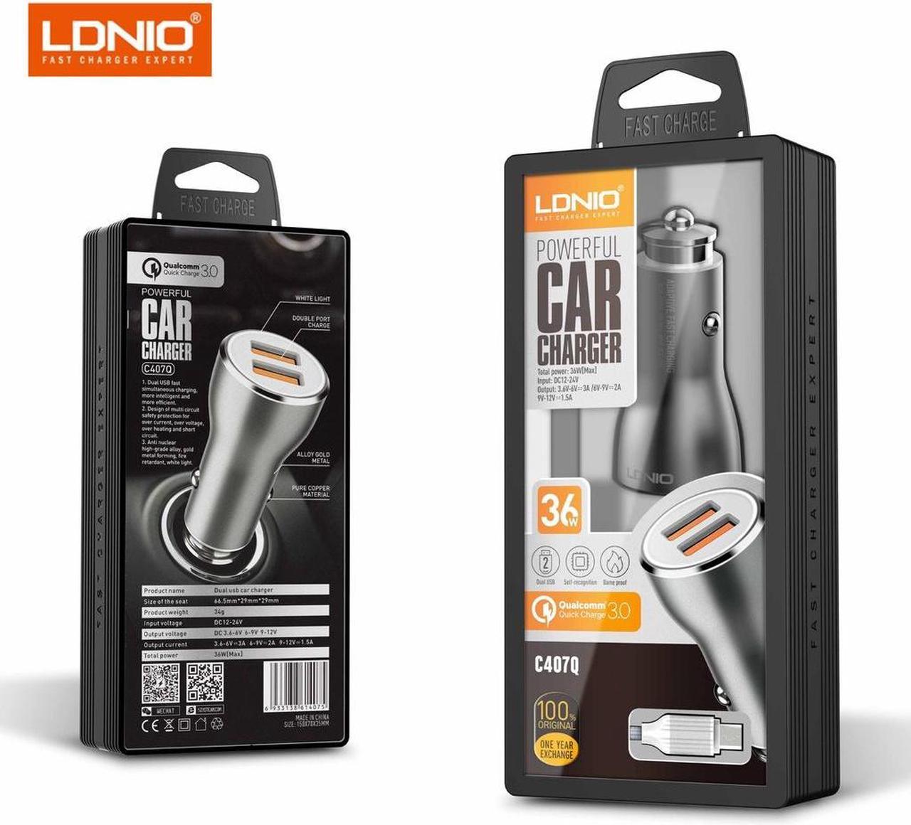 LDNIO 36W QC 3.0 PD Car Charger + MicroUSB Cable Included