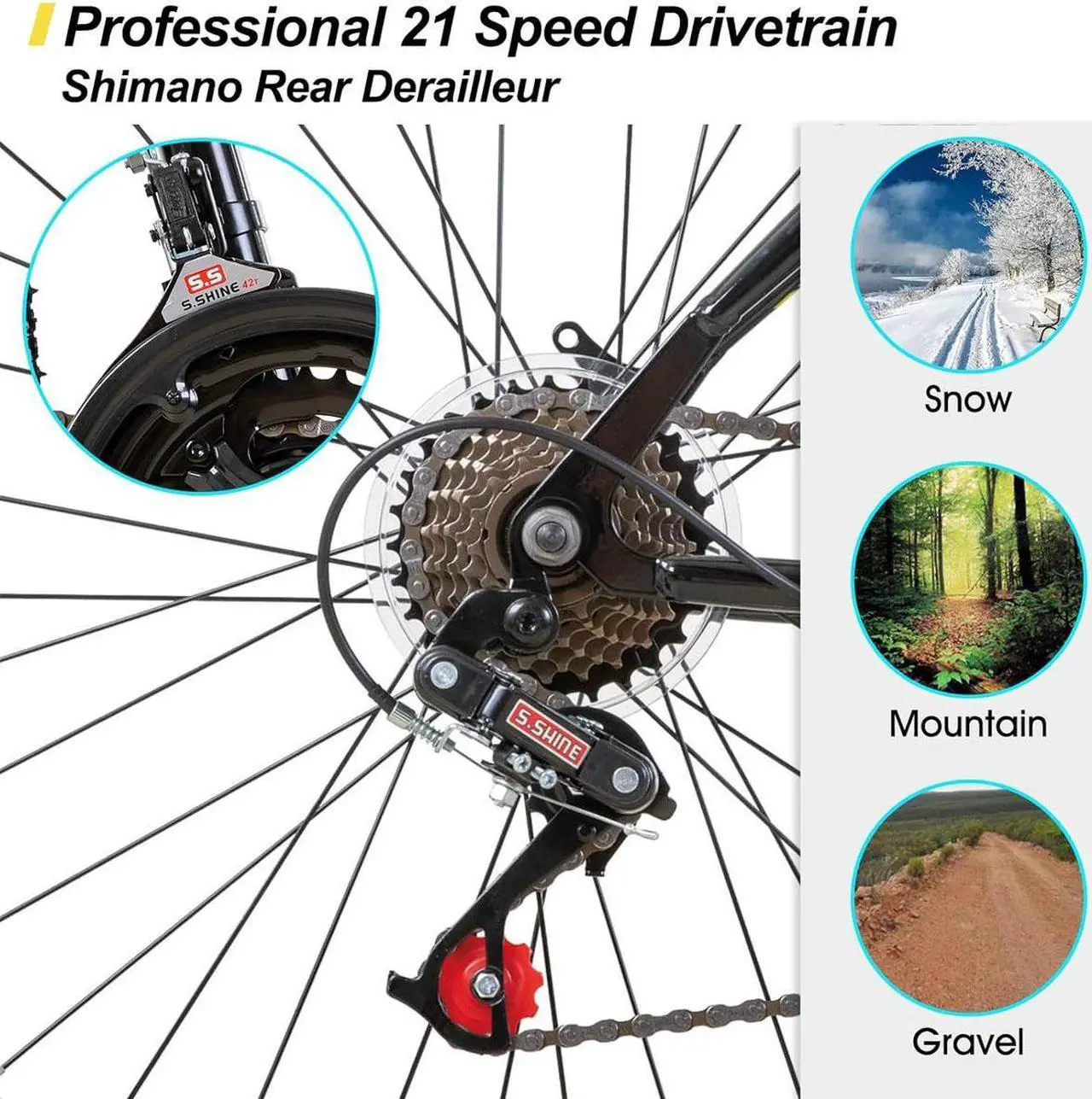 Alt view image 3 of 6 - HILAND 26 27.5 Inch Mountain Bike, High-Tensile Steel Frame, 21 Speeds, V Brake, Hardtail Bicycle for Men and Women, Ideal MTB for Adults