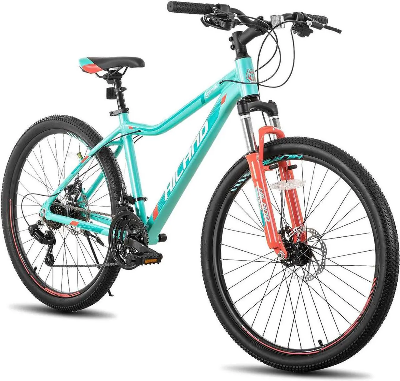 Main image of Hiland 26 Inch Mountain Bike for Women, 21 Speed with Lock-Out Suspension Fork, Dual Disc Brakes, Aluminum Frame MTB, Purple Ladies Womens Bike Mens Bicycle