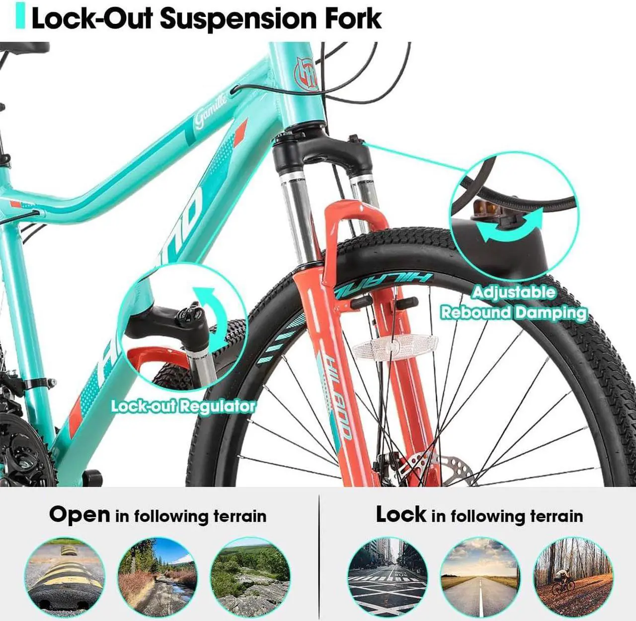 Alt view image 4 of 6 - Hiland 26 Inch Mountain Bike for Women, 21 Speed with Lock-Out Suspension Fork, Dual Disc Brakes, Aluminum Frame MTB, Purple Ladies Womens Bike Mens Bicycle