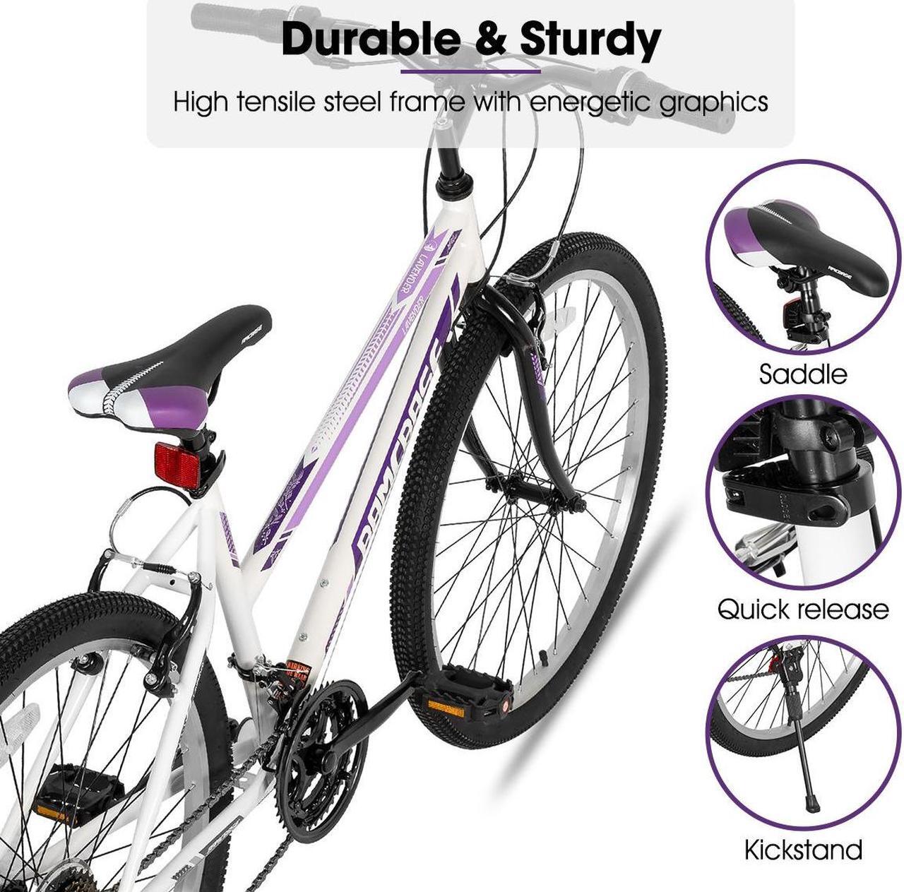Alt view image 2 of 6 - Hiland 26 27.5 Inch Mountain Bike, High-Tensile Steel Frame, 21 Speeds, V Brake, Hardtail Bicycle for Men and Women, Ideal MTB for Adults 26 in. Purplish White