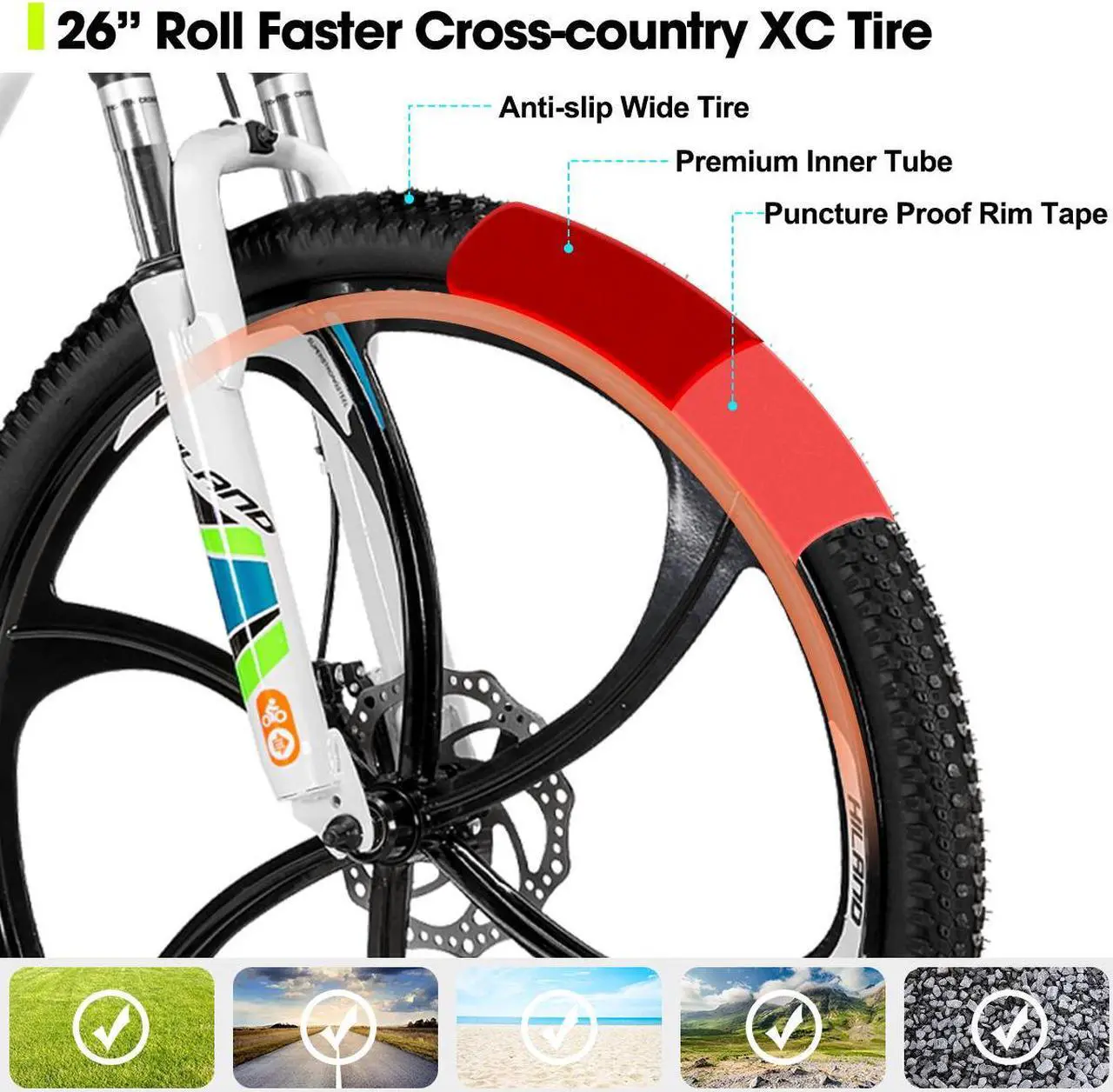 Alt view image 5 of 6 - HILAND Mountain Bike, 3/6/Multi-Spokes, 21 Speeds Drivetrain, Aluminum Frame 26 Inch Wheels, Disc-Brake Bike for Men Women Men's MTB Bicycle 6 - spoke wheel White