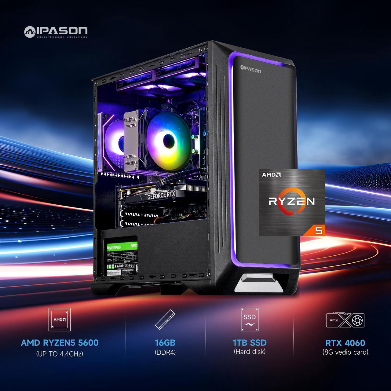 Alt view image 2 of 7 - IPASON Gaming Desktop, AMD Ryzen 5 5600, NVIDIA RTX 4060 8GB, 16GB DDR4 RAM, 1TB M.2 NVMe SSD,Windows 11 home,WIFI, Air Cooler , ARGB Fans , Pc for Gaming Design Office , Prebuilt Gaming Pc