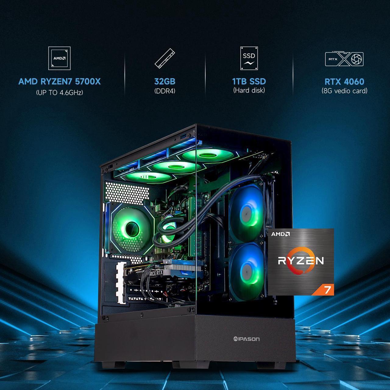 Alt view image 3 of 7 - IPASON   Gaming Desktop, Ryzen 7 5700X, NVIDIA RTX 4060 ,32GB DDR4 RAM, 1TB M.2 NVMe SSD ,Windows 11 home,WIFI, Liquid Cooler ,  ARGB Fans , Pc for Gaming DesignOffice , Prebuilt Gaming Pc