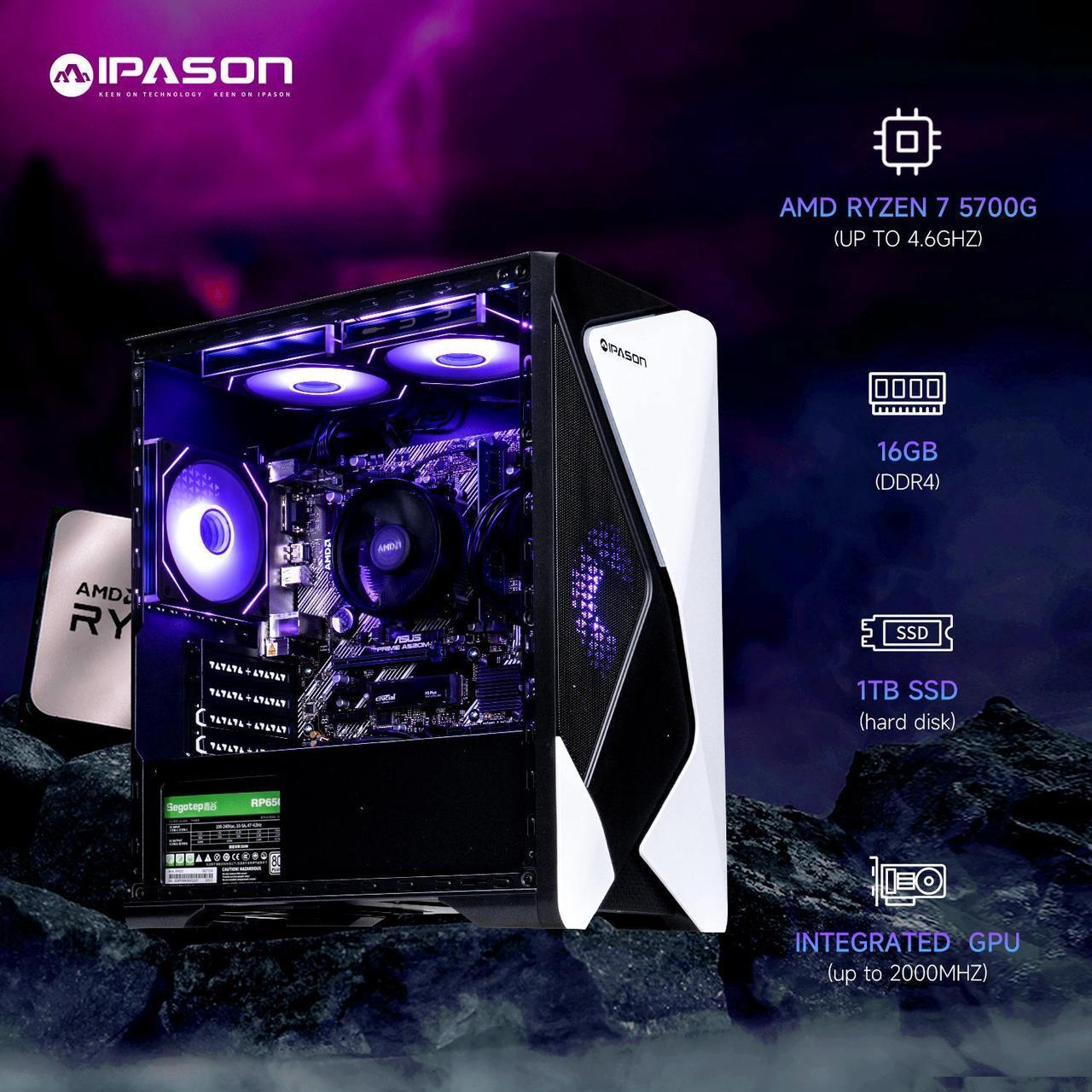 Alt view image 3 of 7 - IPASON   Gaming desktop    AMD Ryzen 7 5700G (up to 4.6GHz)   16GB DDR4 3200MHz    1TB M.2 NVMe    550W PSU    Windows 11 home    WIFI    Gaming PC