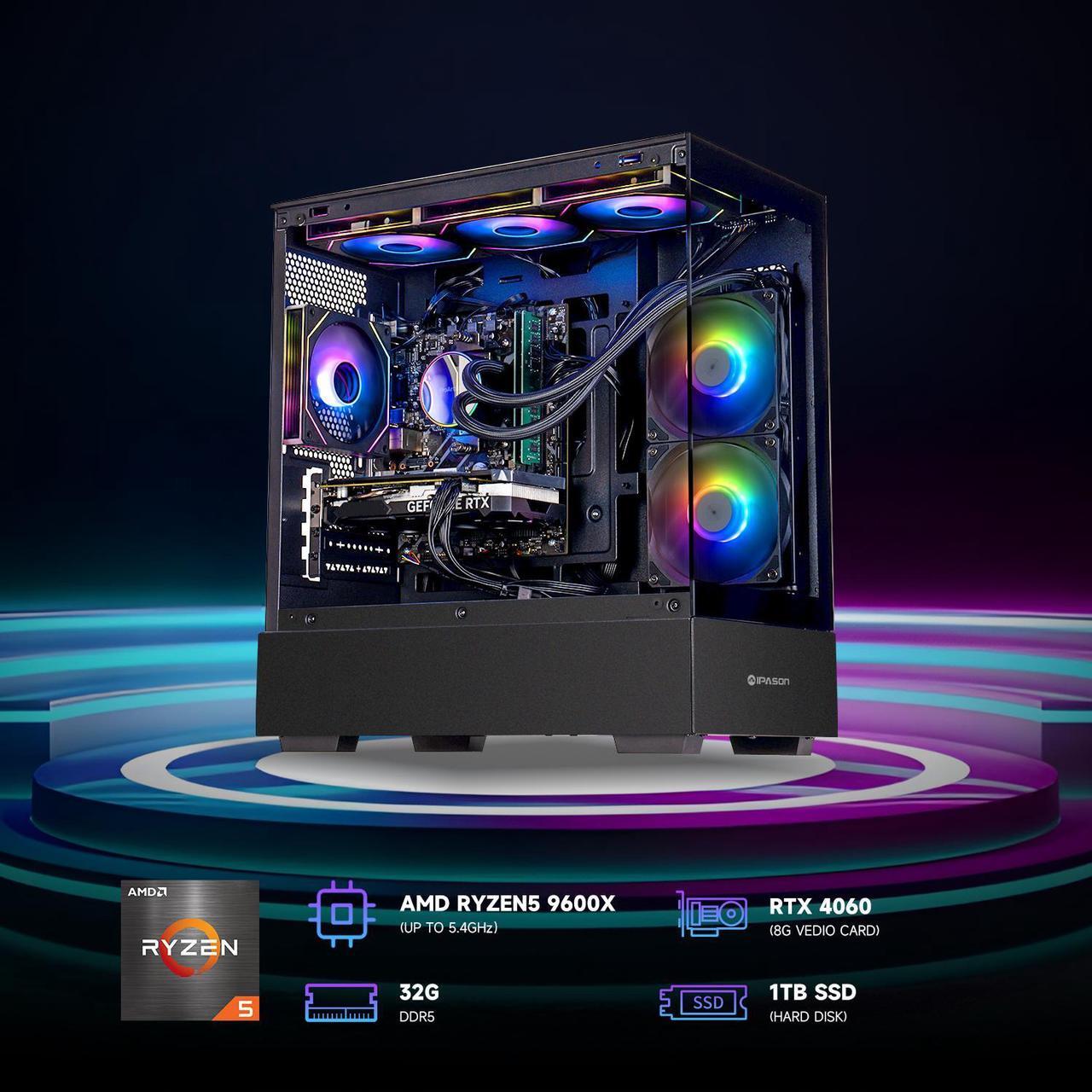 Alt view image 2 of 7 - IPASON - Gaming Desktop -AMD Ryzen5 9600X - GeForce RTX 4060  8G - 1TB M2 - 32GB DDR5 - 240MM AIO liquid cooler-Windows 11 home - Gaming PC