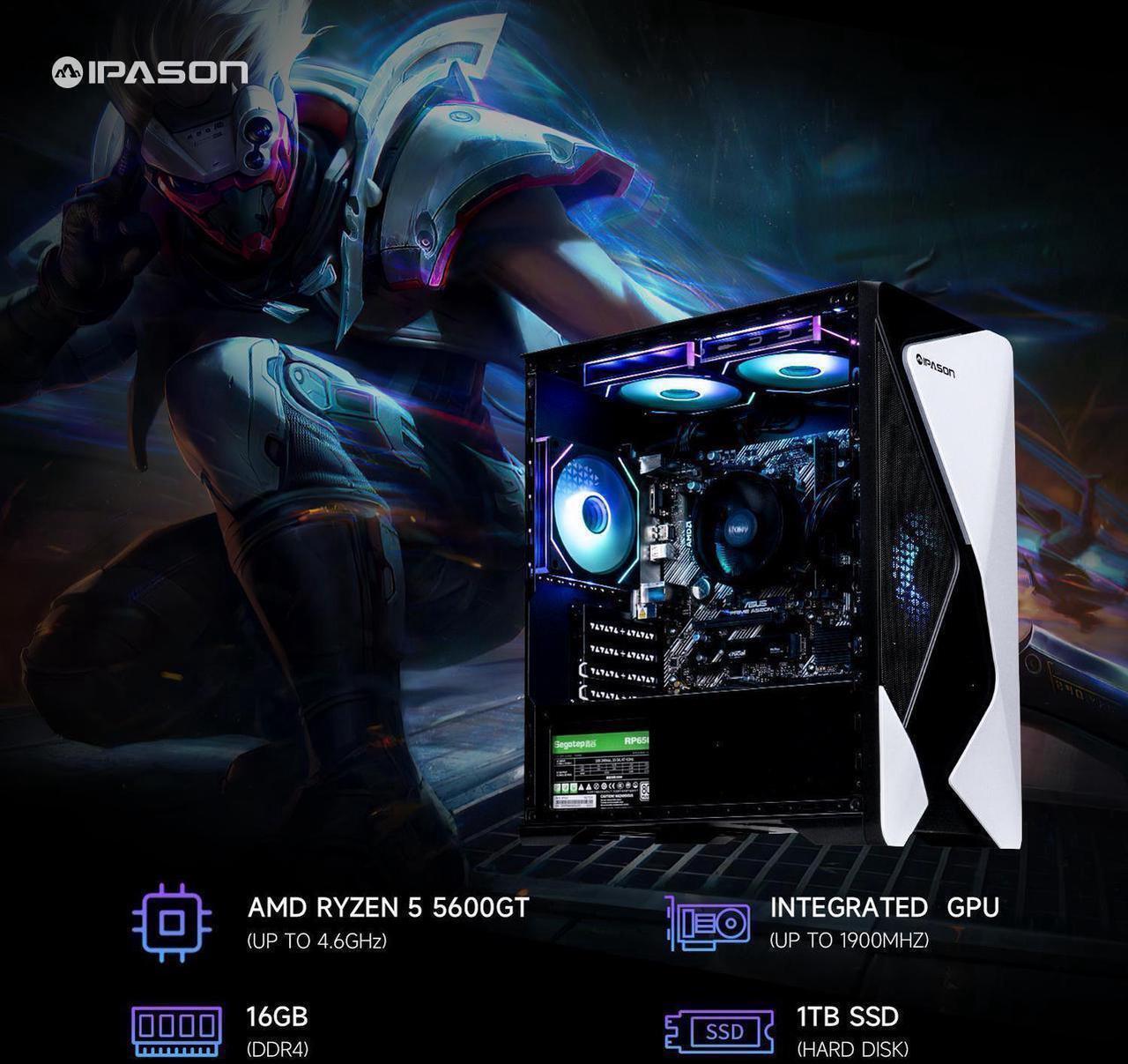 Alt view image 3 of 7 - IPASON - Gaming desktop - AMD Ryzen 5 5600GT 6 core  up to 4.6GHz - 16GB DDR4 3200MHz - 1TB M.2 NVMe - 550W PSU - Windows 11 home - WIFI - Gaming PC
