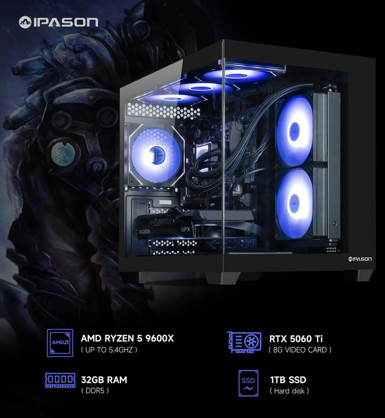 Alt view image 2 of 7 - IPASON Gaming Desktop PC , Ryzen5 9600X, Geforce RTX 5060 Ti ,MSI B650M 32GB DDR5 1TB NVMe SSD, 650W GOLD PSU, Wi-Fi,Liquid Cooler,ARGB Fans , Windows 11  ,Prebuilt Gaming Pc New compute