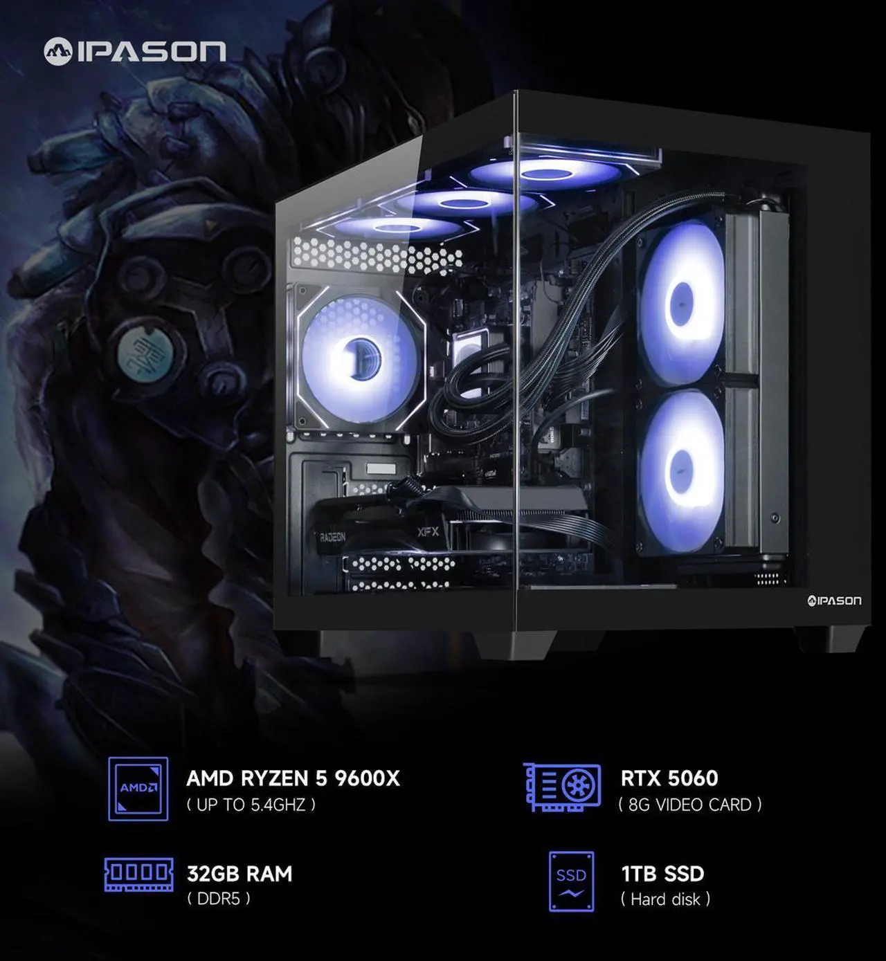 Alt view image 2 of 7 - IPASON Gaming Desktop PC , Ryzen5 9600X, Geforce RTX 5060 8G ,MSI B650M 32GB DDR5 1TB NVMe SSD, 650W GOLD PSU, Wi-Fi,Liquid Cooler,ARGB Fans , Windows 11  ,Prebuilt Gaming Pc New compute