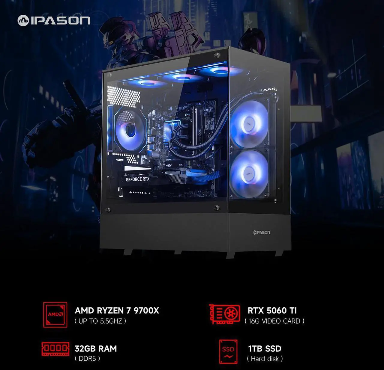 Alt view image 3 of 7 - IPASON Gaming PC AMD Ryzen7 9700X, Geforce RTX5060 Ti 16G, 1TB NVME SSD, 32GB DDR5 RAM , 650W GOLD PSU ,240MM AIO liquid cooler , MSI B650M , Windows 11 , WIFI, Prebuilt Gaming Pc New computer