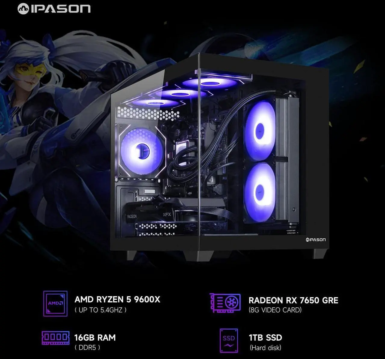 Alt view image 3 of 7 - IPASON Gaming Desktop PC , Ryzen5 9600X, Radeon RX 7650 GRE ,MSI B650M 16GB DDR5 1TB NVMe SSD, 650W GOLD PSU, Wi-Fi,Liquid Cooler,ARGB Fans , Windows 11 Home 64-bit ,Prebuilt Gaming Pc New compute