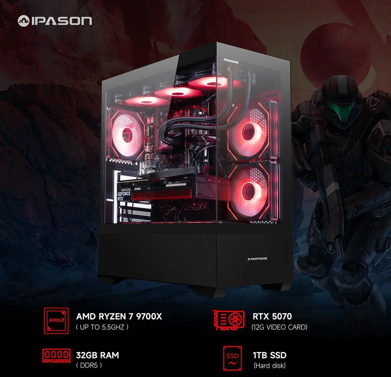 Alt view image 3 of 7 - IPASON   Gaming Desktop, Ryzen 7 9700X, NVIDIA RTX5070 12GB,32GB DDR5 RAM, 1TB M.2 NVMe,Windows 11 ,WIFI,360MM Liquid Cooler,  ARGB Fans, AI Ready,850W Gold PSU, Prebuilt Gaming Pc New computer