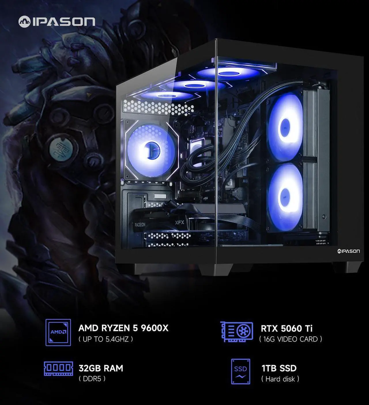 Alt view image 2 of 7 - IPASON Gaming Desktop PC , Ryzen5 9600X, Geforce RTX 5060 Ti ,MSI B650M 32GB DDR5 1TB NVMe SSD, 650W GOLD PSU, Wi-Fi,Liquid Cooler,ARGB Fans , Windows 11  ,Prebuilt Gaming Pc New compute