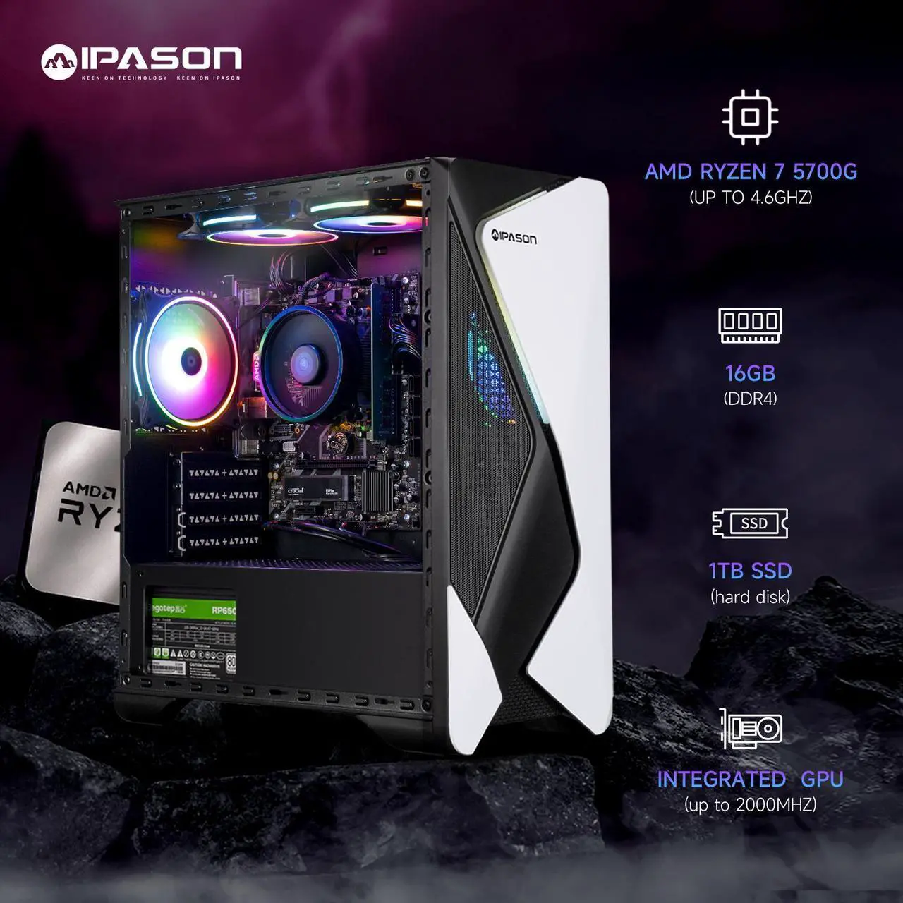 Alt view image 3 of 7 - IPASON   Gaming desktop    AMD Ryzen 7 5700G (up to 4.6GHz)   16GB DDR4 3200MHz    1TB M.2 NVMe    550W PSU    Windows 11 home    WIFI    Gaming PC