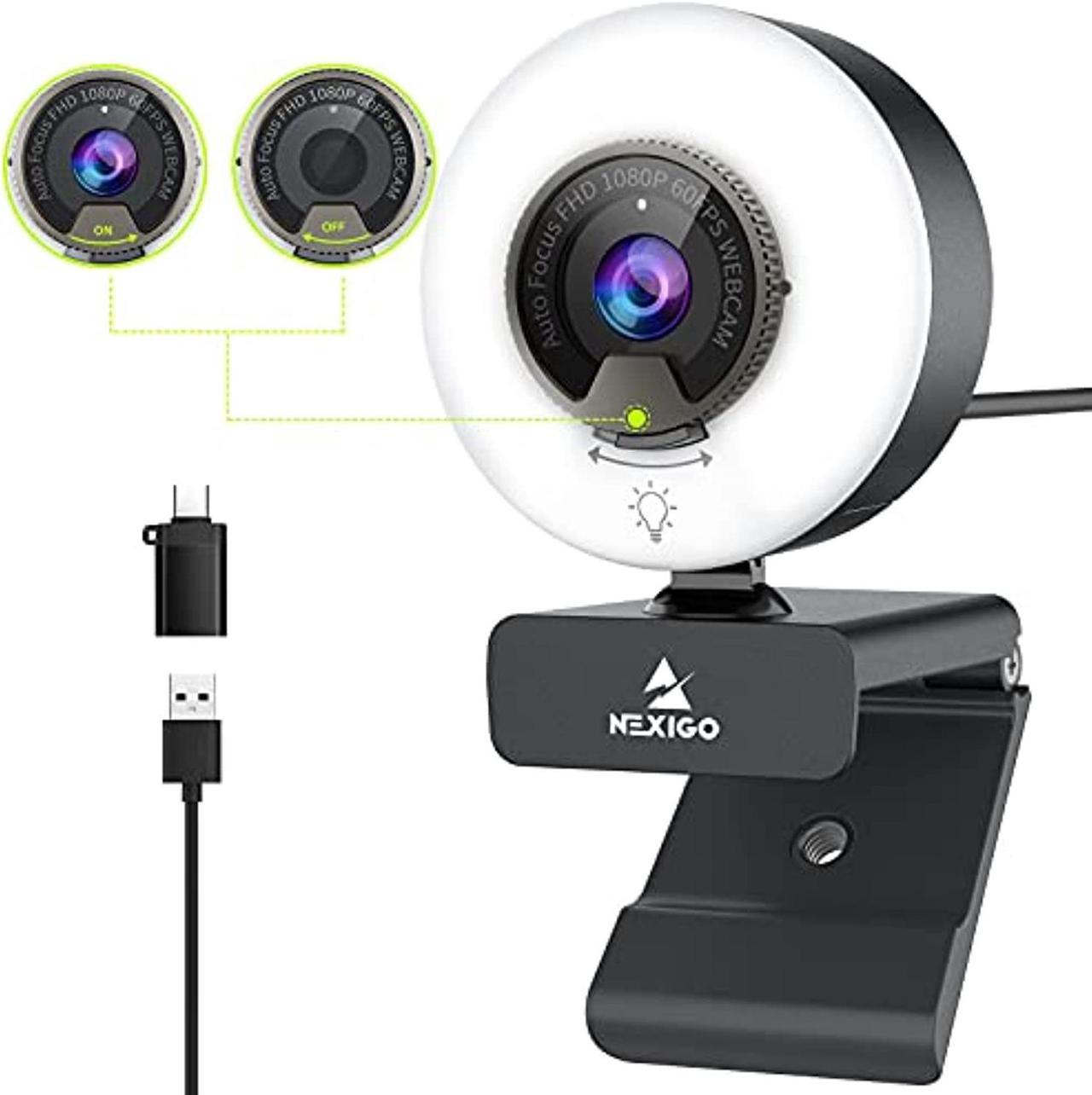 60fps 1080p webcam with ring light, fast autofocus, built-in privacy cover, 2021 nexigo n960e usb fhd web computer camera, dual stereo microphone, for zoom meeting skype teams