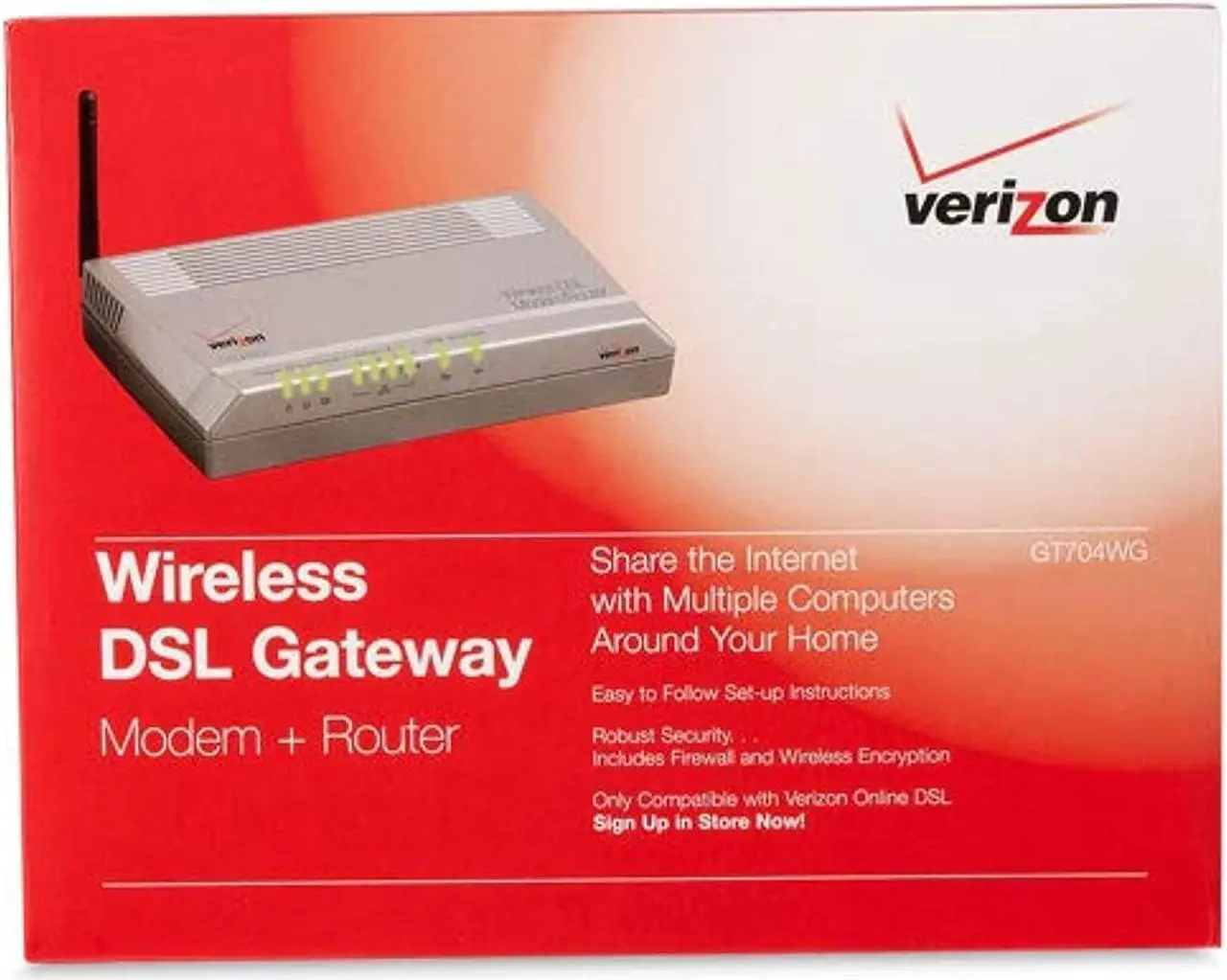 Main image of Actiontec GS583AD3-06 Verizon GT704WG Wireless DSL Gateway 54 Mbps Auto-fallback @ IEEE 802.11b/g 6 Mbps IEEE 802.11g 11 Mbps Auto-fallback @ IEEE 802.11b 1 Mbps IEEE 802.11b 4 x RJ-45 10/100Base-TX LAN 1 x RJ-11 ADSL WAN 1 x USB IEEE 80