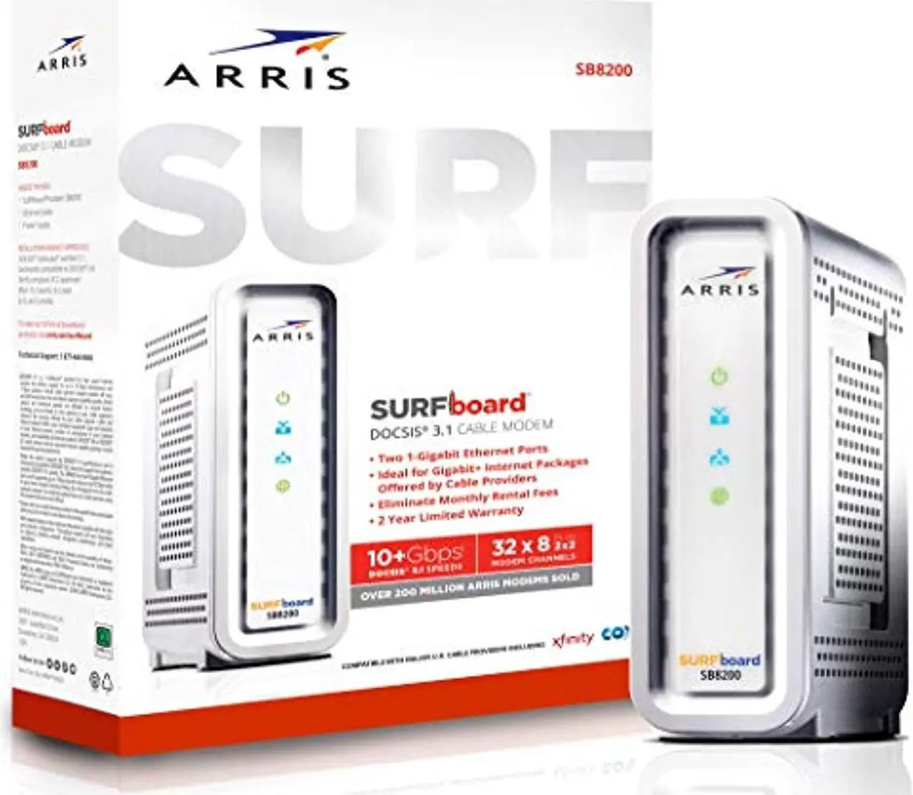 Main image of arris surfboard sb8200 docsis 3.1 gigabit cable modem, approved for cox, xfinity, spectrum & others , white , max internet speed plan 2000 mbps