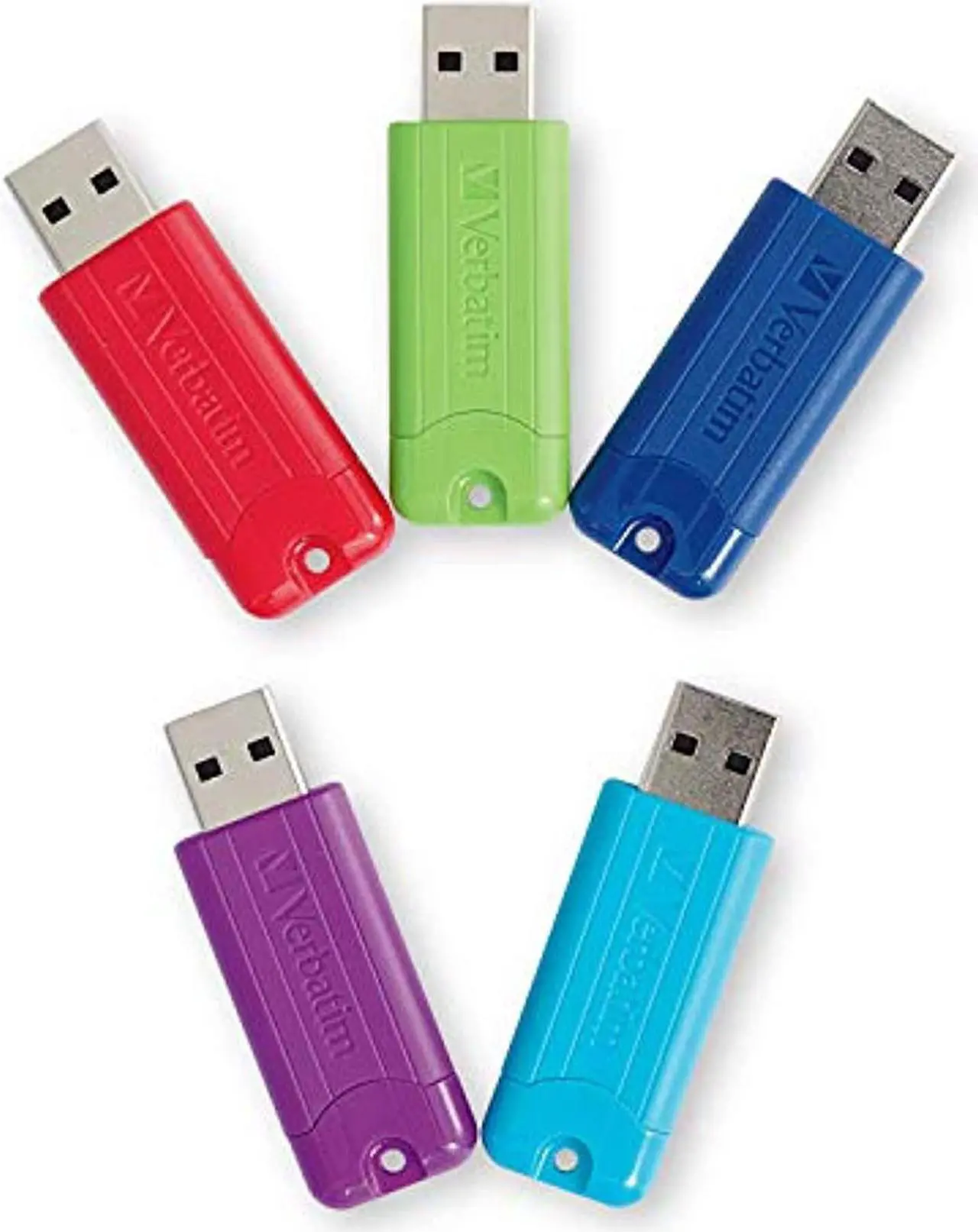 Main image of verbatim 32gb pinstripe usb 3.0 flash drive retractable thumb drive - 5 pack - multicolor (green, blue, red, purple, cyan)