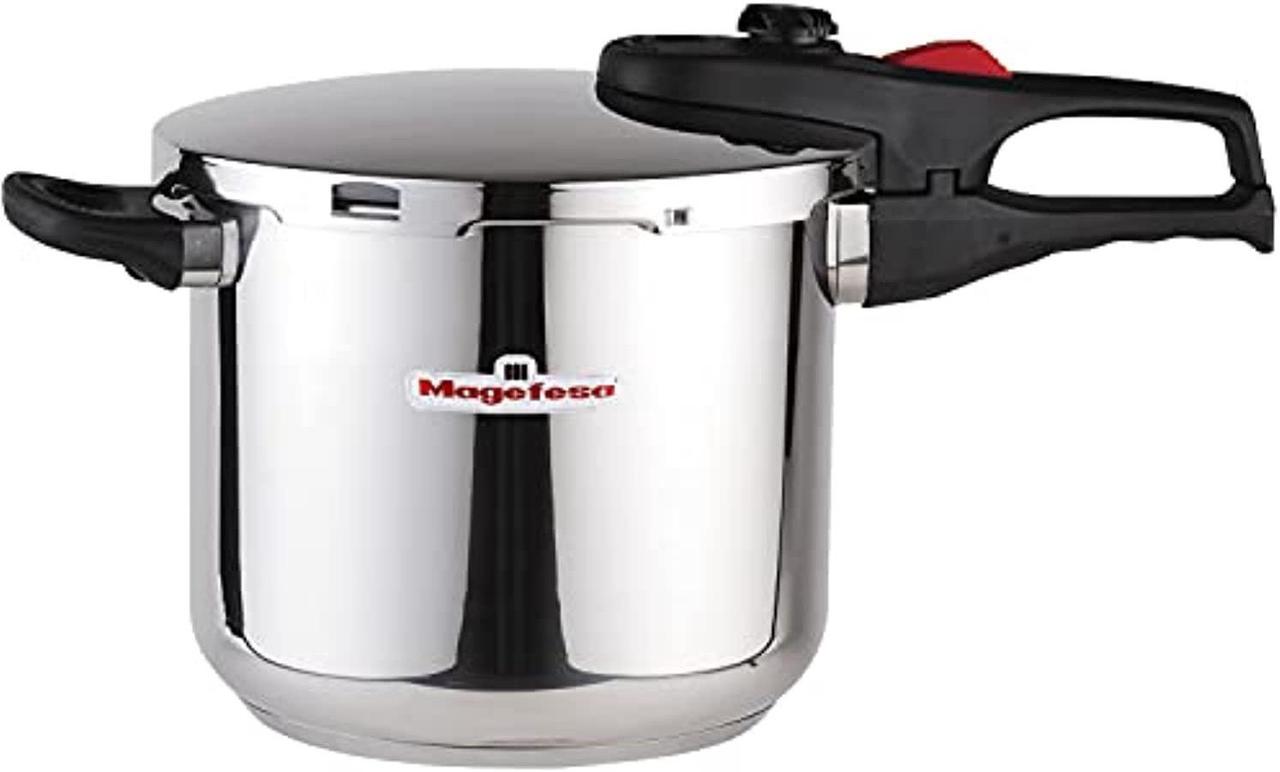 magefesa practika plus super-fast pressure cooker, 18/10 stainless steel, suitable induction, excellent heat distribution, 5-layer encapsulated heat diffuser bottom, 5 safety systems (6 quart)