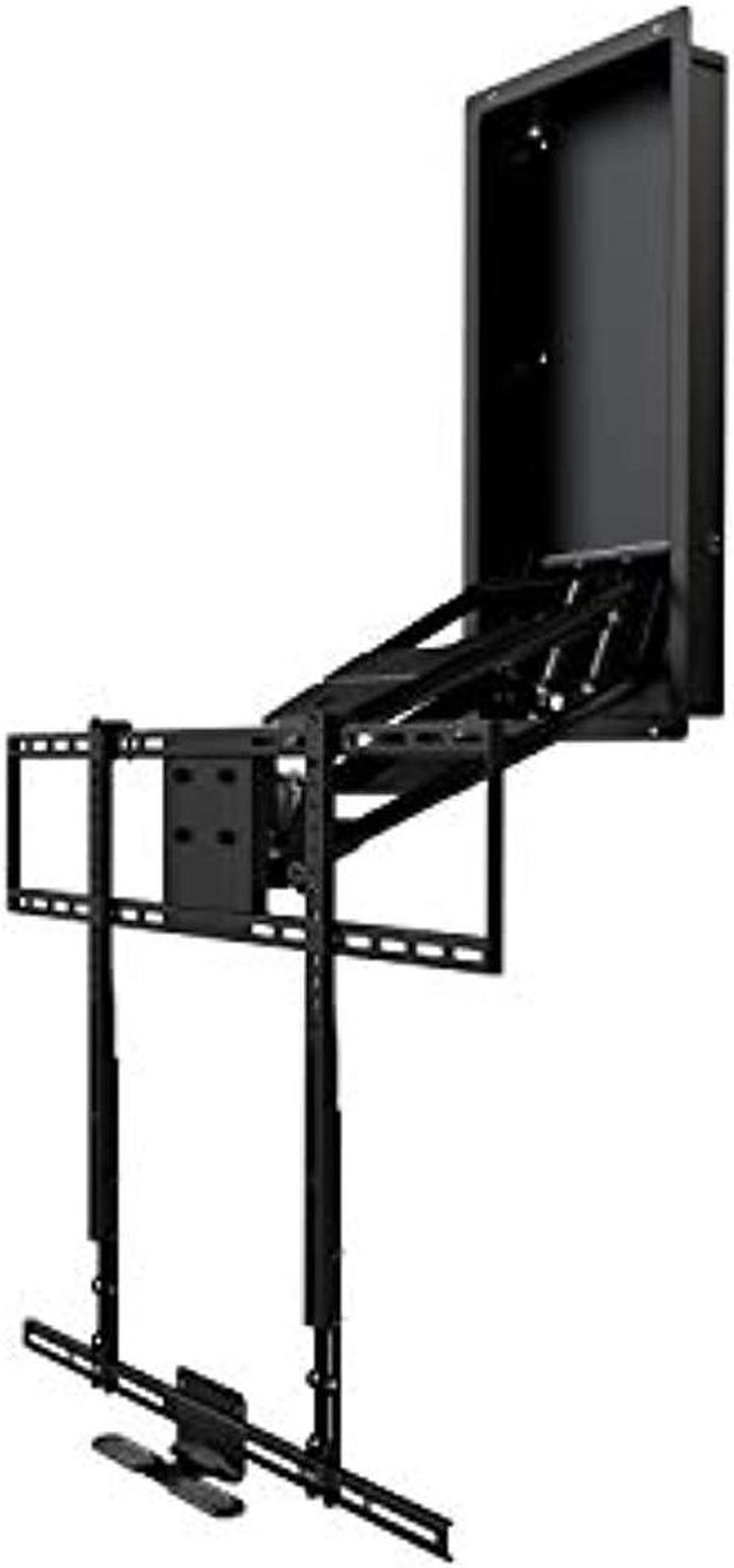 mantelmount mm750 above fireplace pull down tv mount with 4 premium gas pistons and attached recess box for 1.6" flush-to-wall tv storage