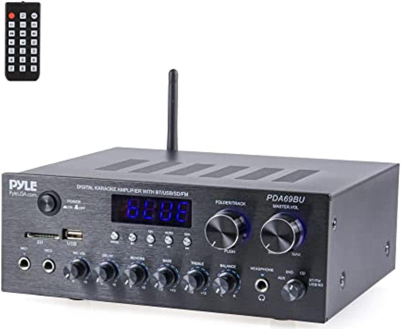 Main image of pyle bluetooth home audio amplifier receiver stereo 300w dual channel sound audio system w/mp3, usb, sd, aux, rca, mic, headphone, fm, led, reverb delay, for home theater speakers, studio - pda69bu