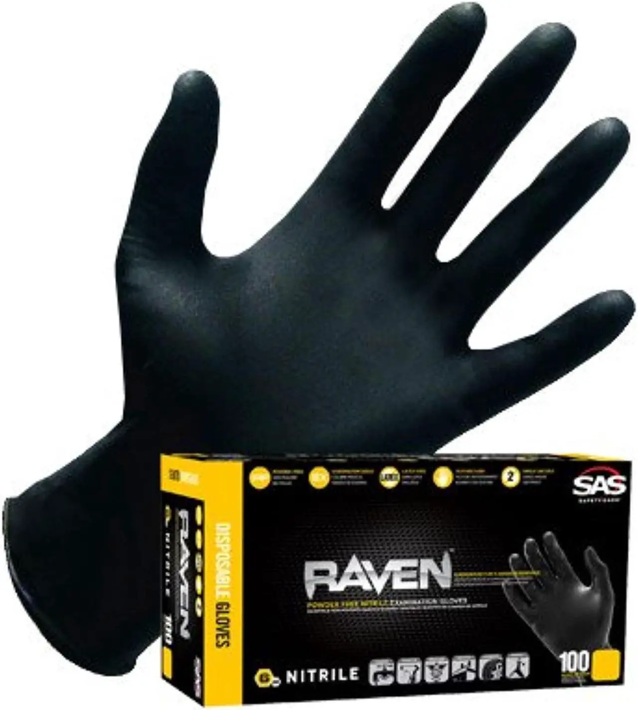Alt view image 3 of 3 - SAS Safety 66519 Raven Powder-Free Disposable Black Nitrile 7 Mil Gloves, XL