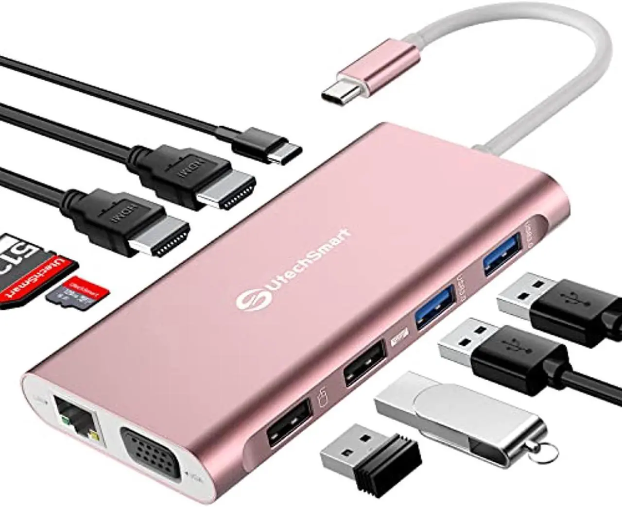 Main image of docking station, utechsmart docking station dual monitor triple display usb c adapter with 2 hdmi, vga, pd 3.0 port, sd tf card reader, 4 usb ports usb-c dock compatible for macbook, other usbc laptop